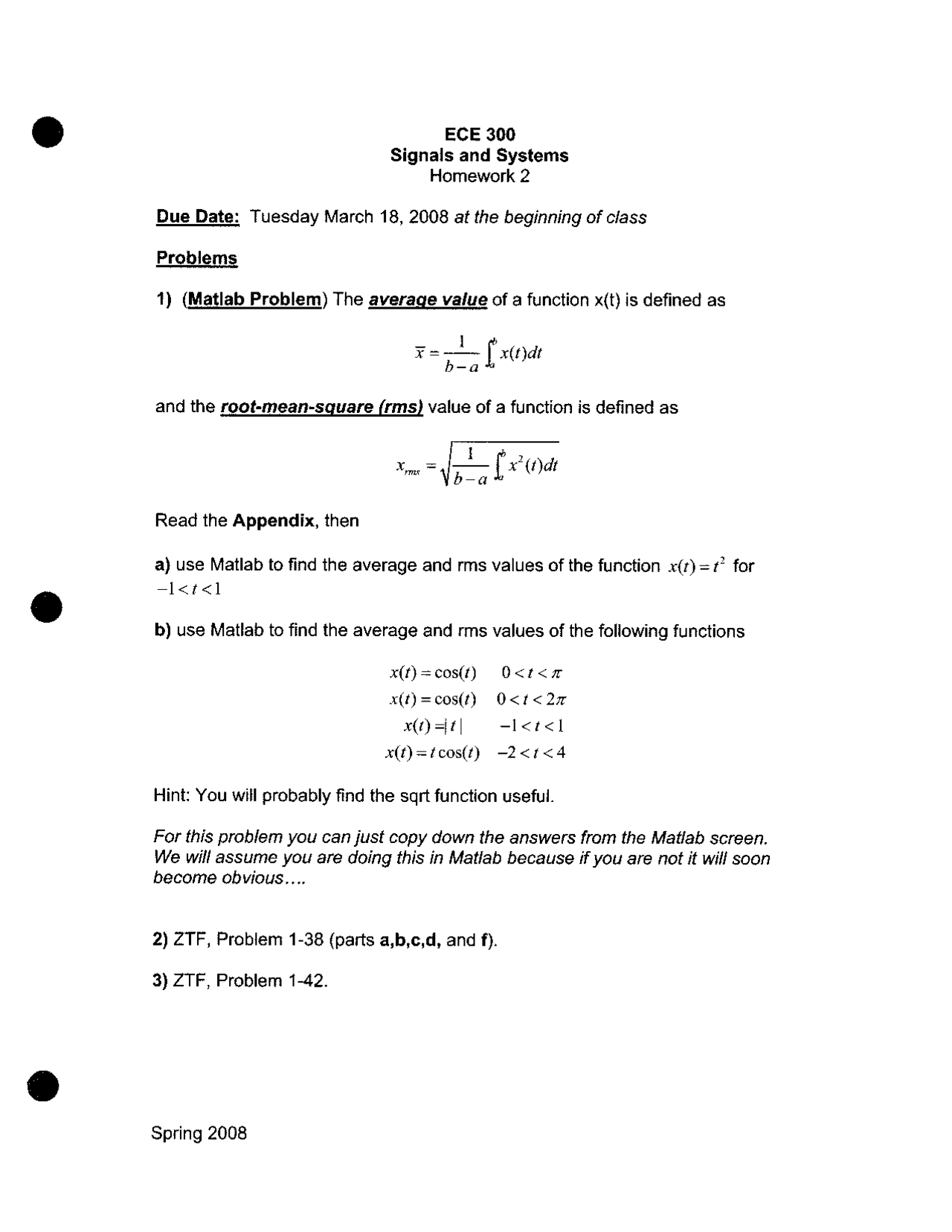 Homework 2 Practice Problems on Signals and Systems | ECE 300 - Docsity
