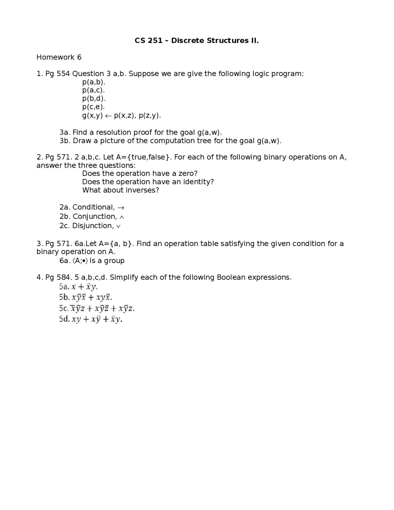 4 Solved Problems on Discrete Structure II - Homework 6 | CS 251 - Docsity