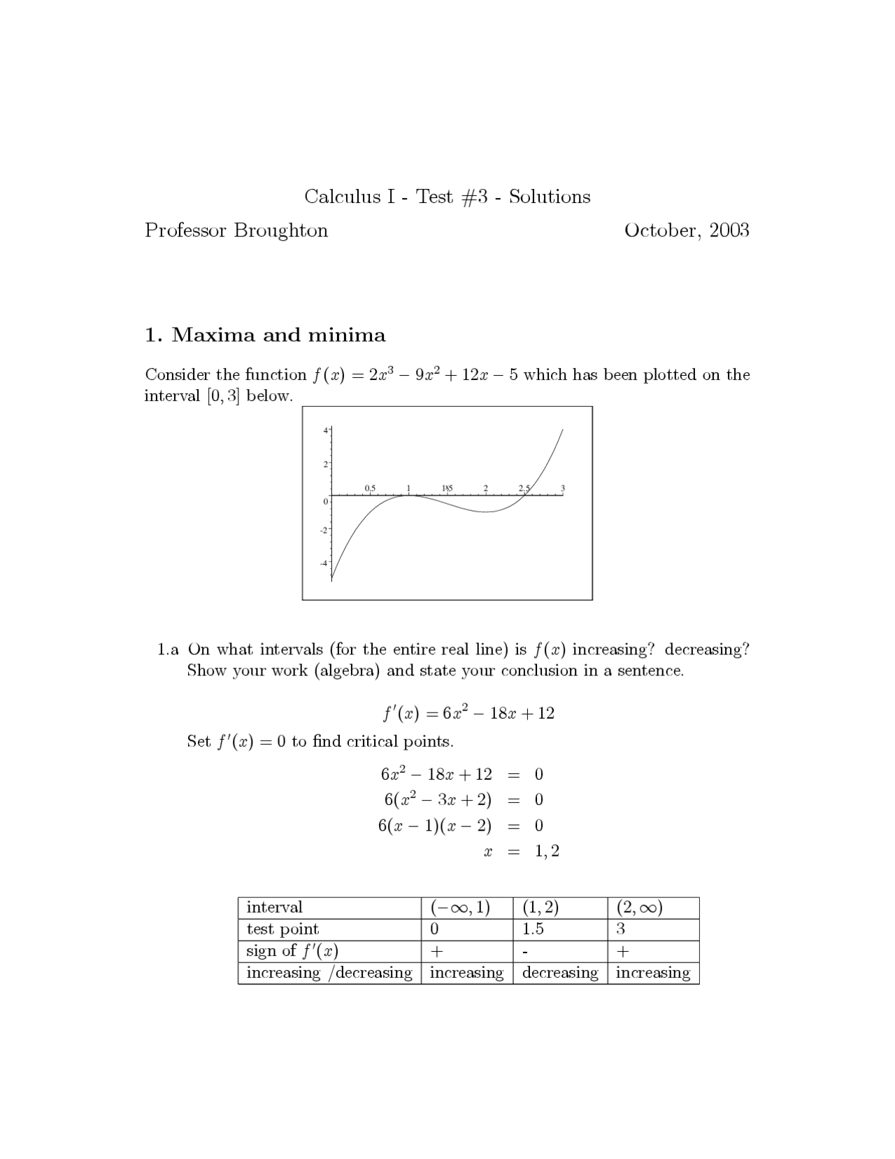Calculus I - Solved Test 3 - Fall 2003 | MA 111 - Docsity