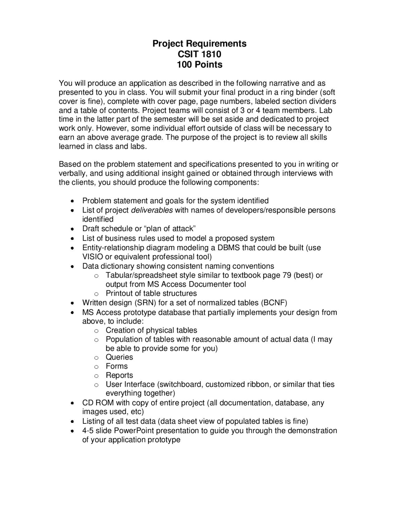 Project Requirements for Introduction to Database Design | CSIT 1810 ...