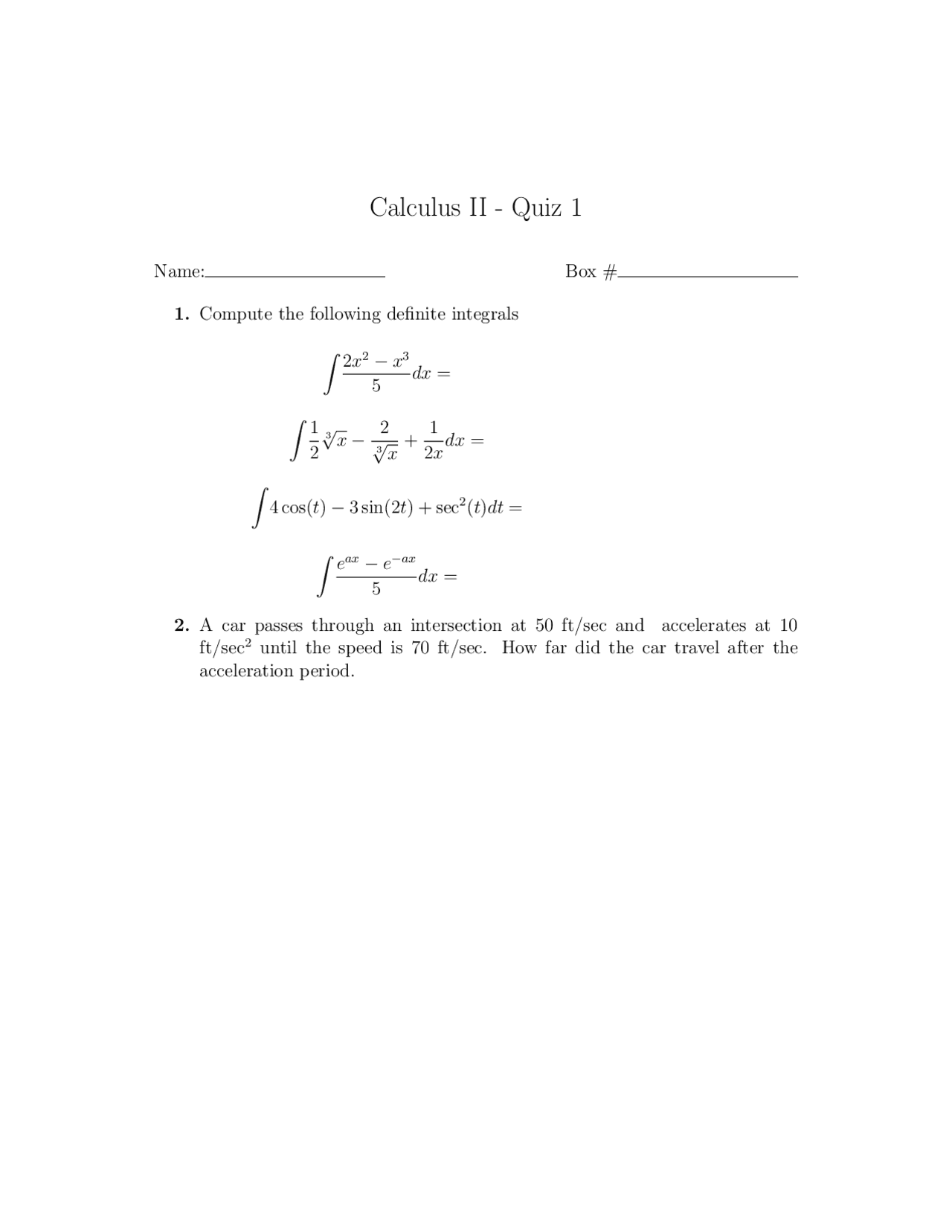 2 Questions on Calculus II - Sample Quiz 1 | MA 112 - Docsity