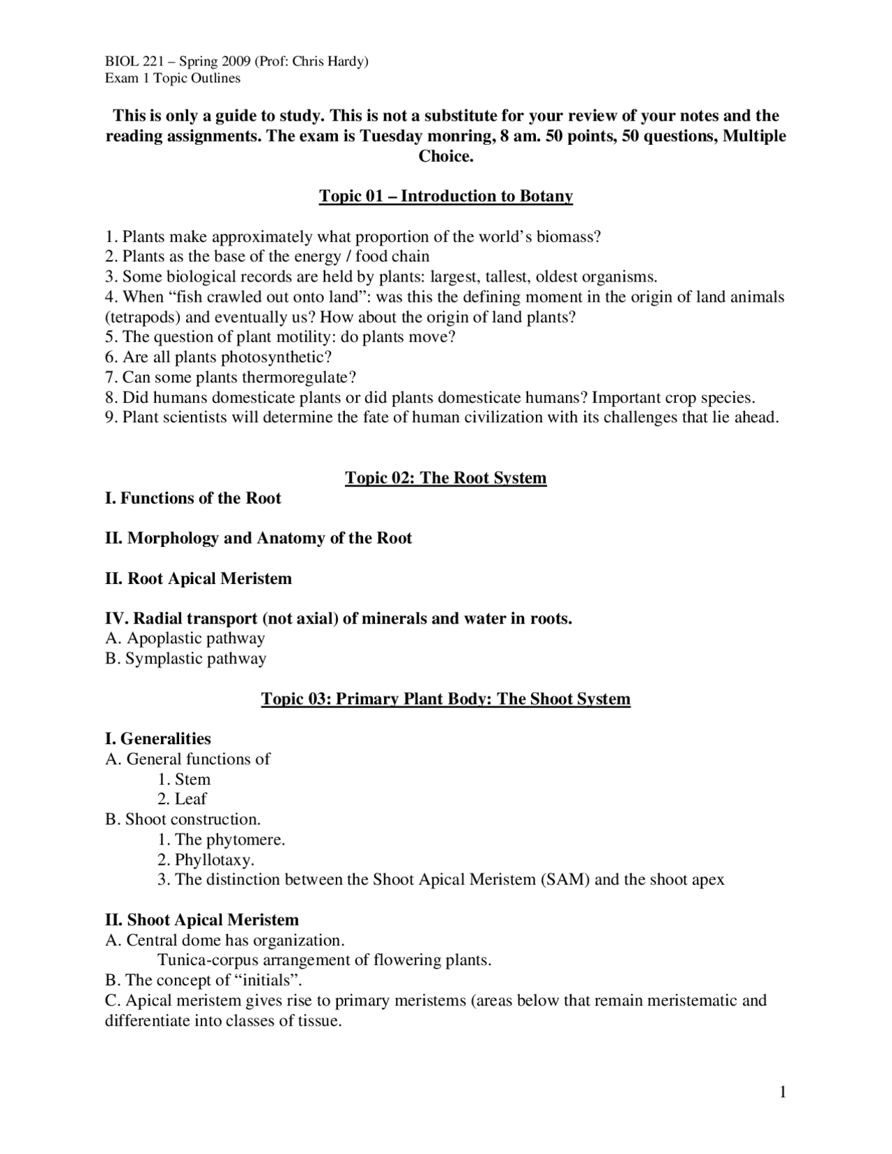 Root System, Primary Plant Body - Exam 1 Outlines | BIOL 221 - Docsity