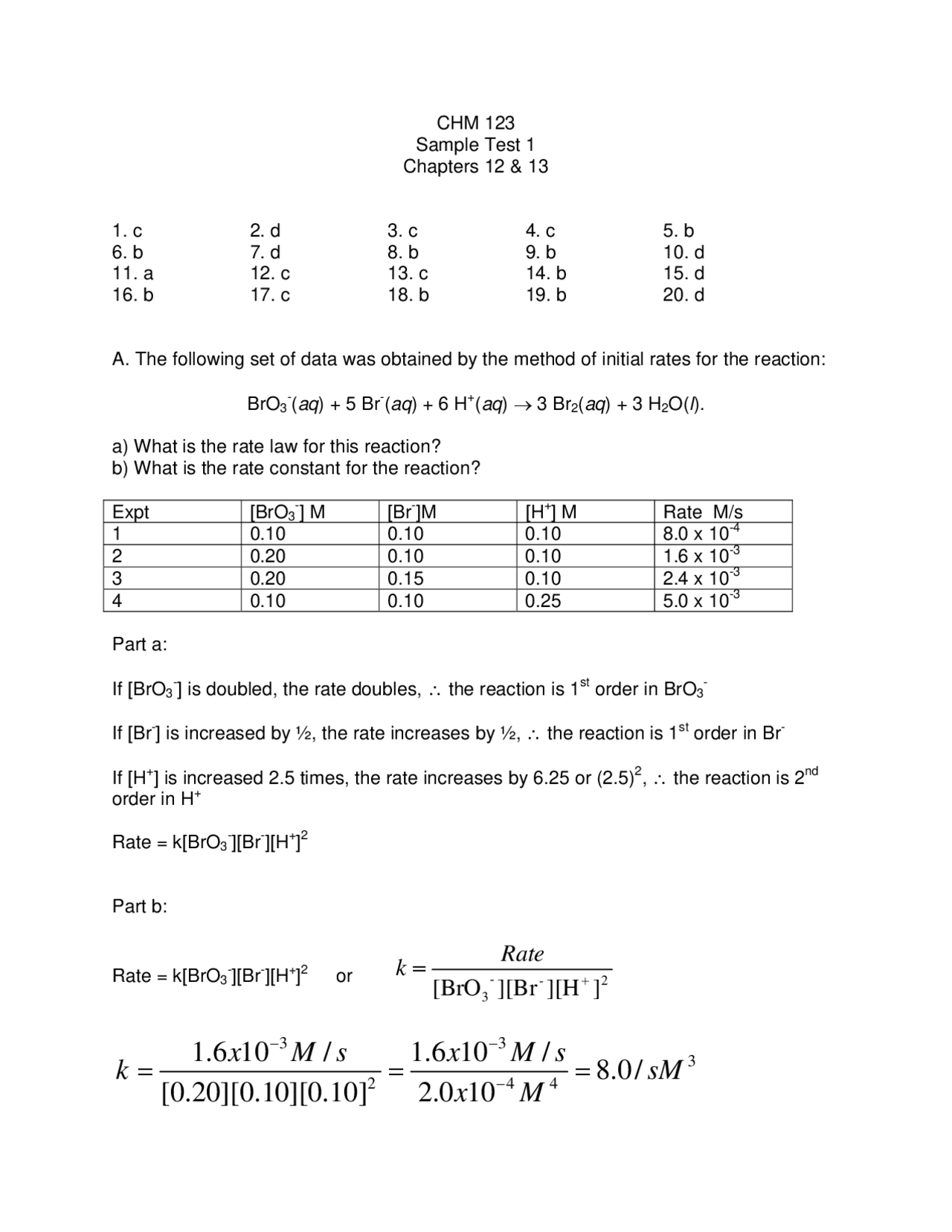 Sample Test 1 for General Chemistry 3 | CHM 123 - Docsity