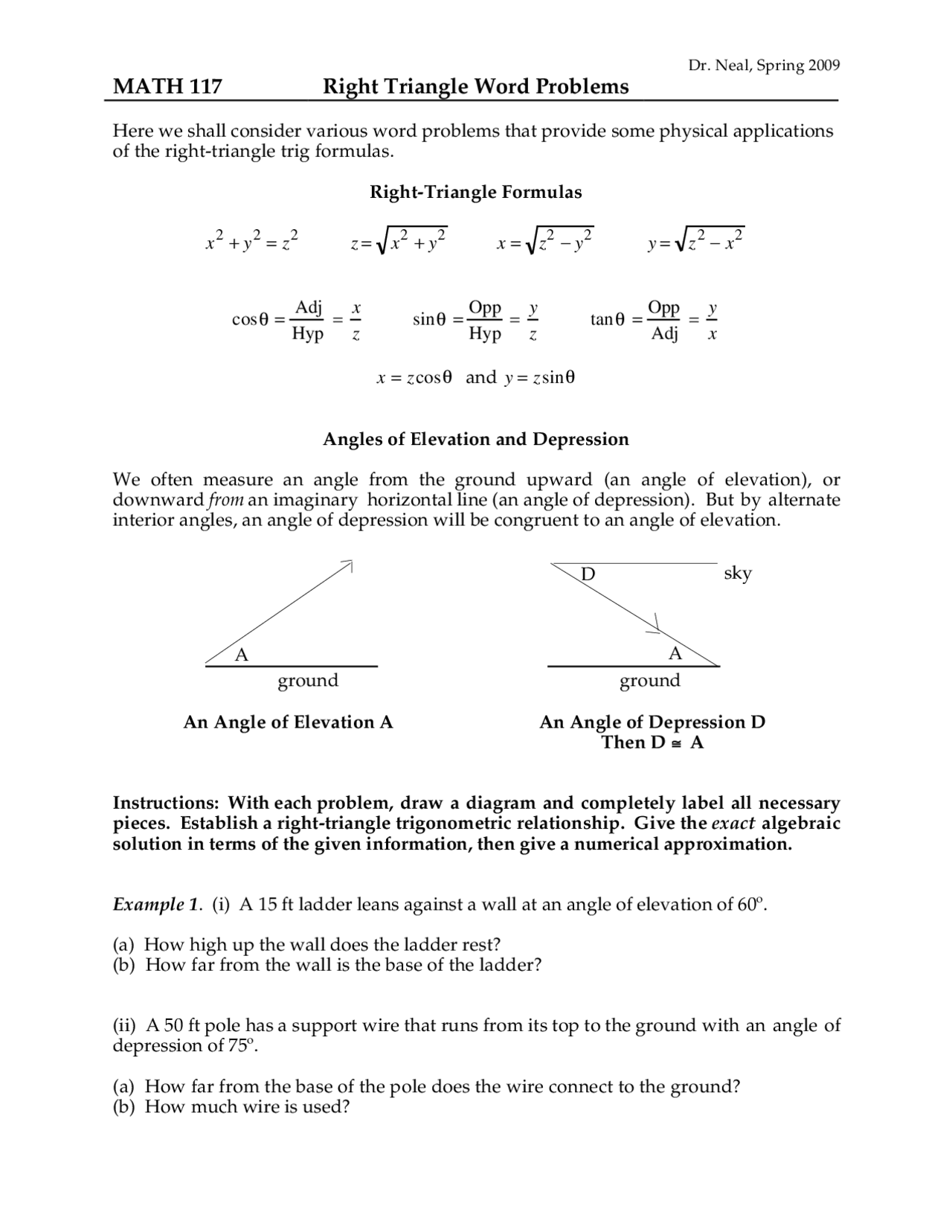 Class Notes - Right Triangle Word Problems - Trigonometry | MATH 117 ...