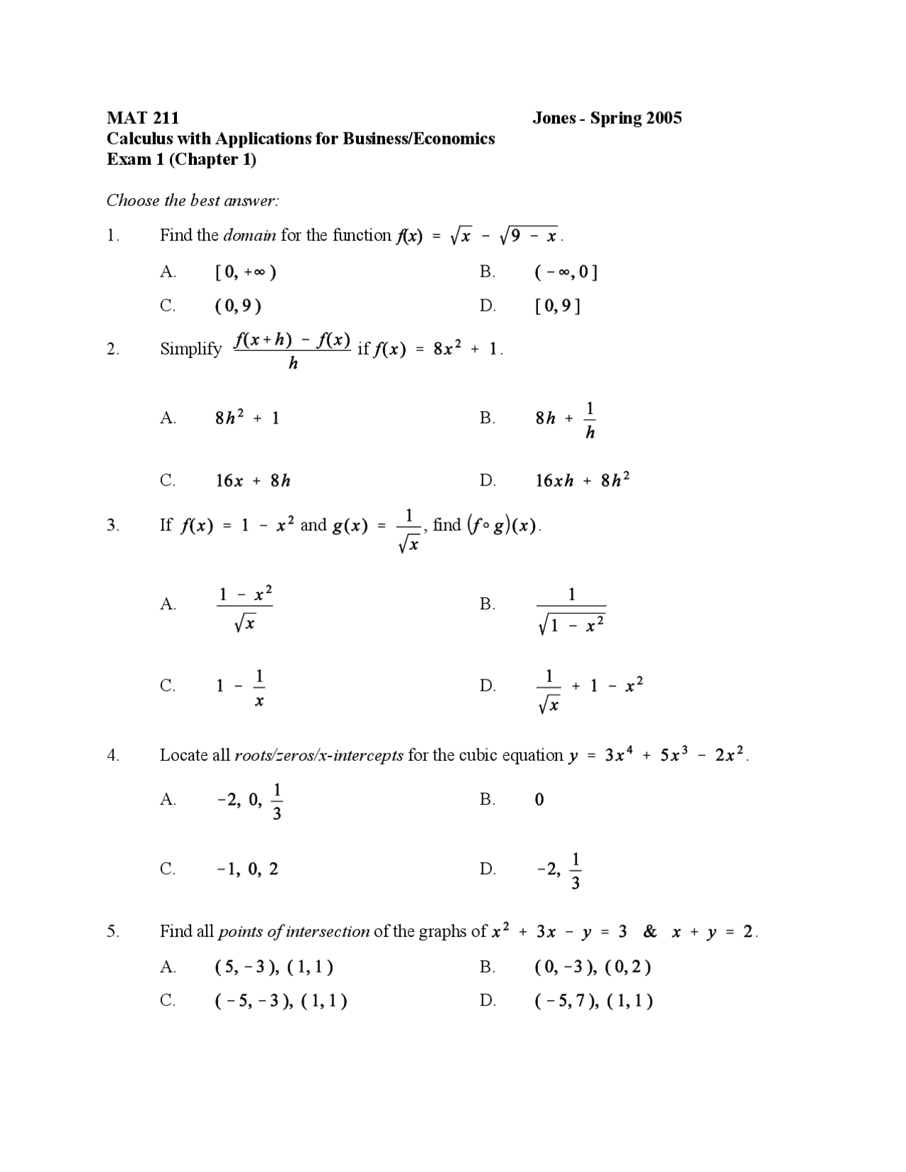 MAT 211 Exam 1 - Calculus with Applications for Business/Economics ...
