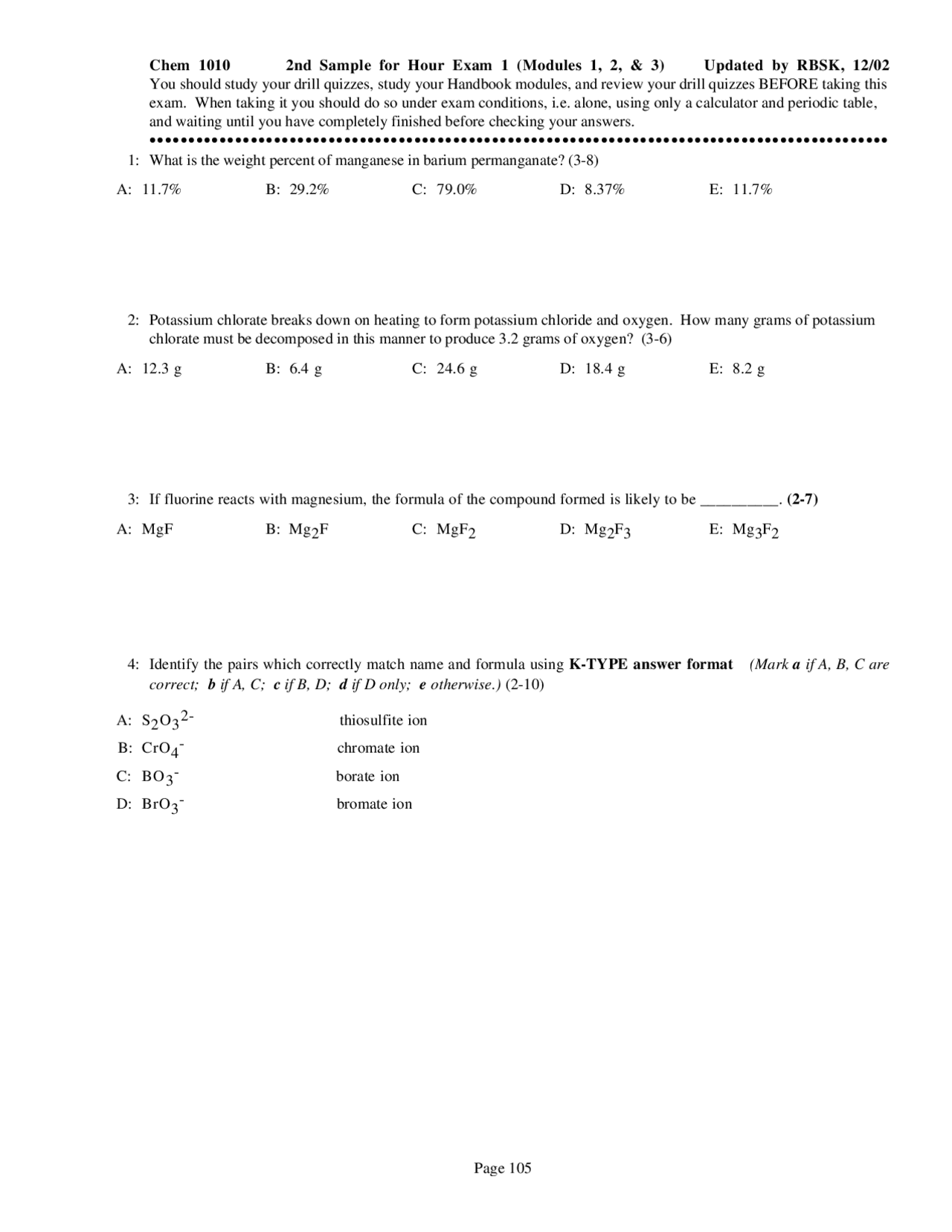 16 Multiple Choice Questions of General Chemistry I - Exam 1 | CHEM ...