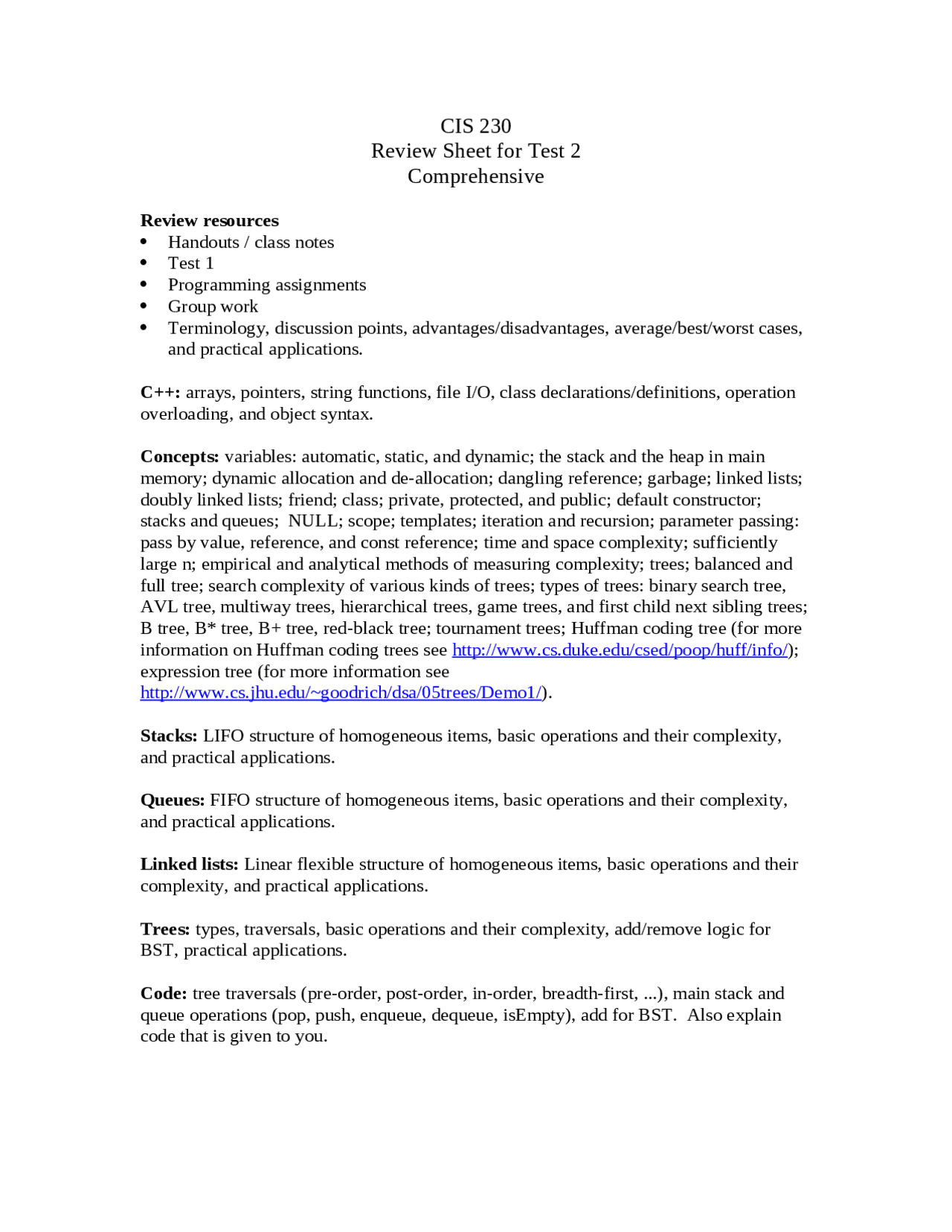 Review Sheet for Test 2 - Advance Data-File Structures | CIS 230 - Docsity