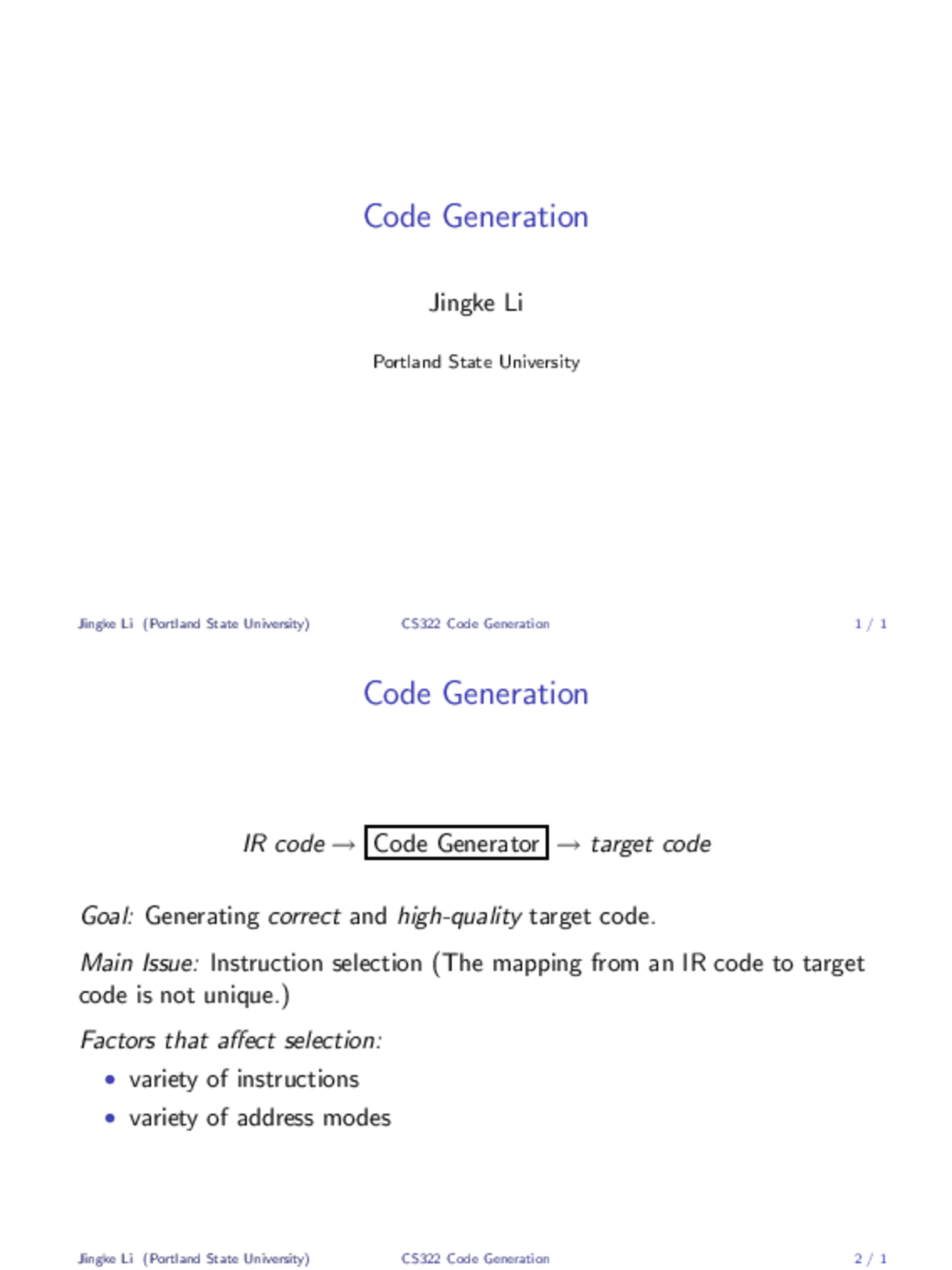 Code Generation - Languages and Compiler Design II | CS 322 - Docsity