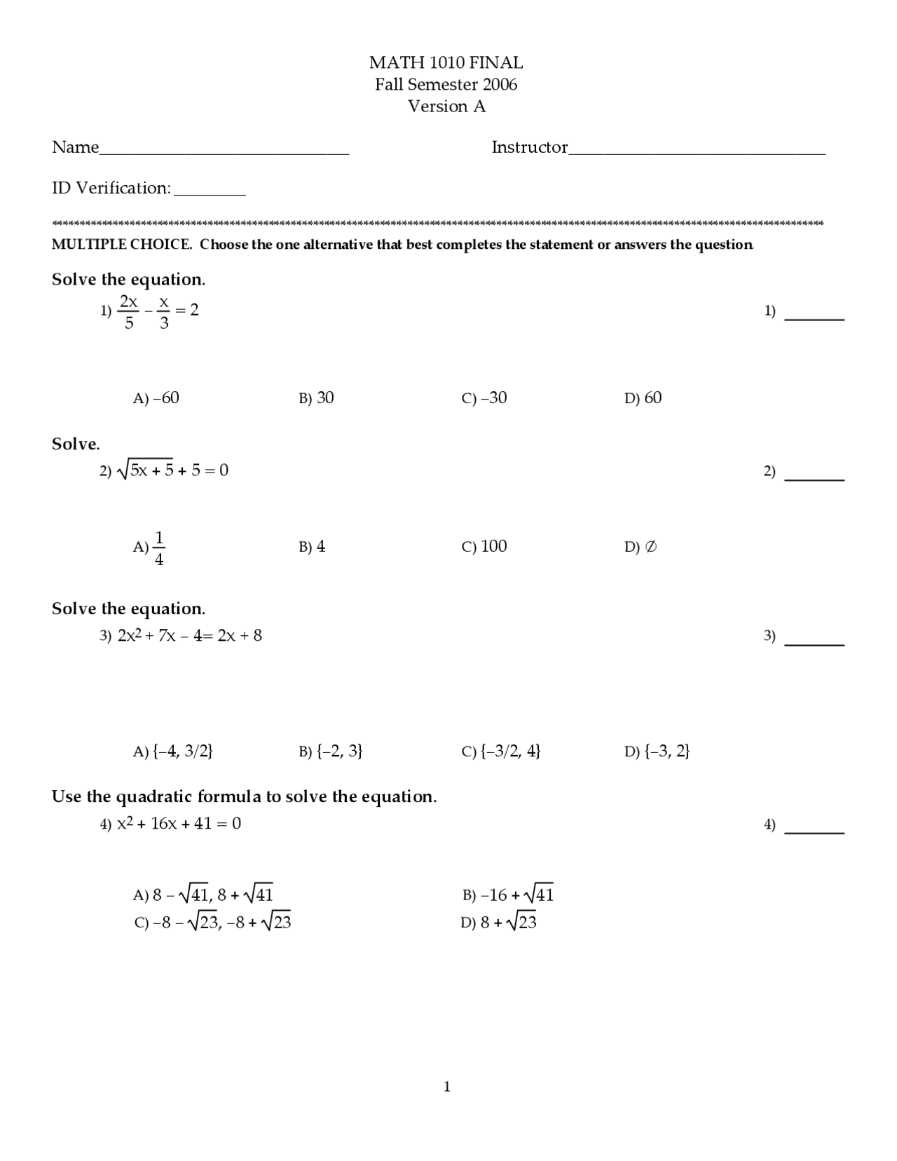 30 MCQs with Answers - Intermediate Algebra - Final Test | MATH 1010 ...