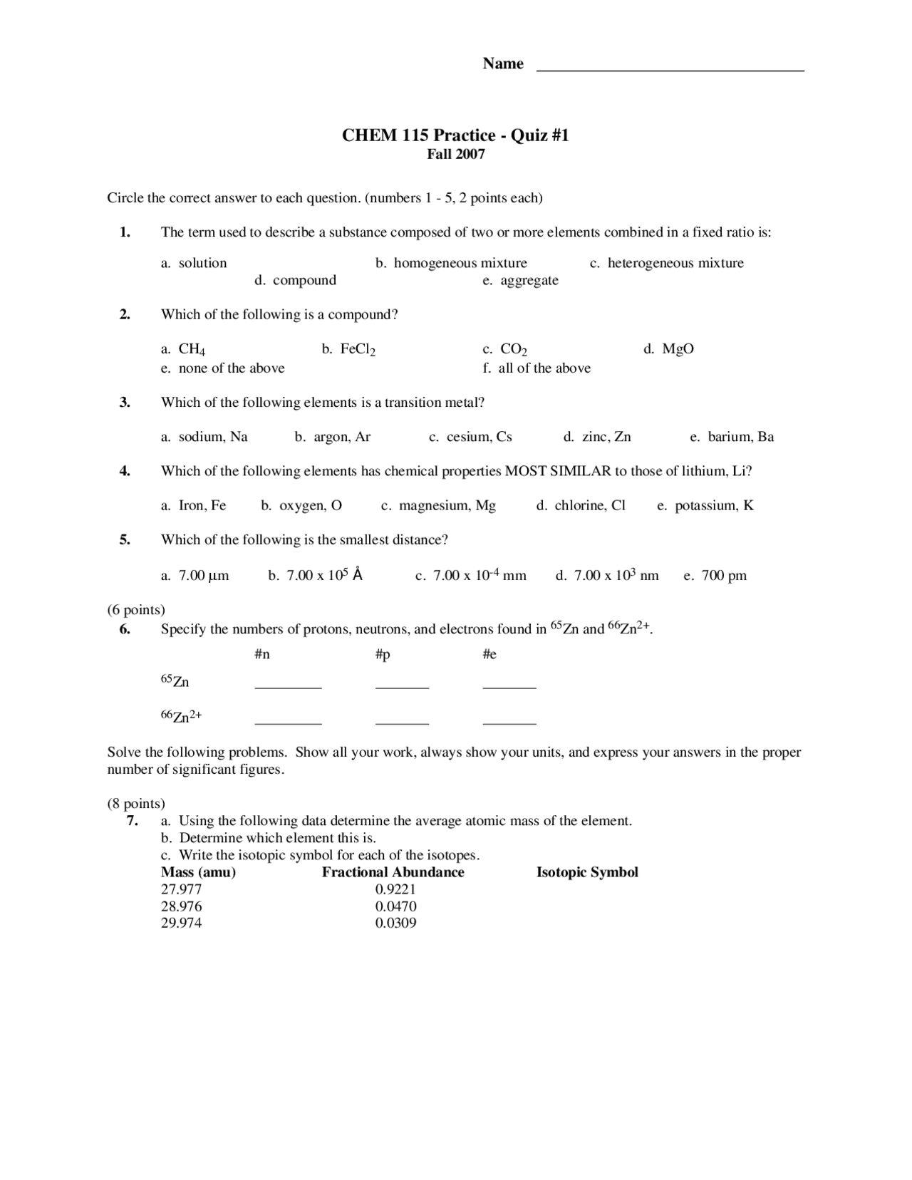 13 Practice Problems on Elements and Compounds - Quiz 1 | CHM 115 - Docsity
