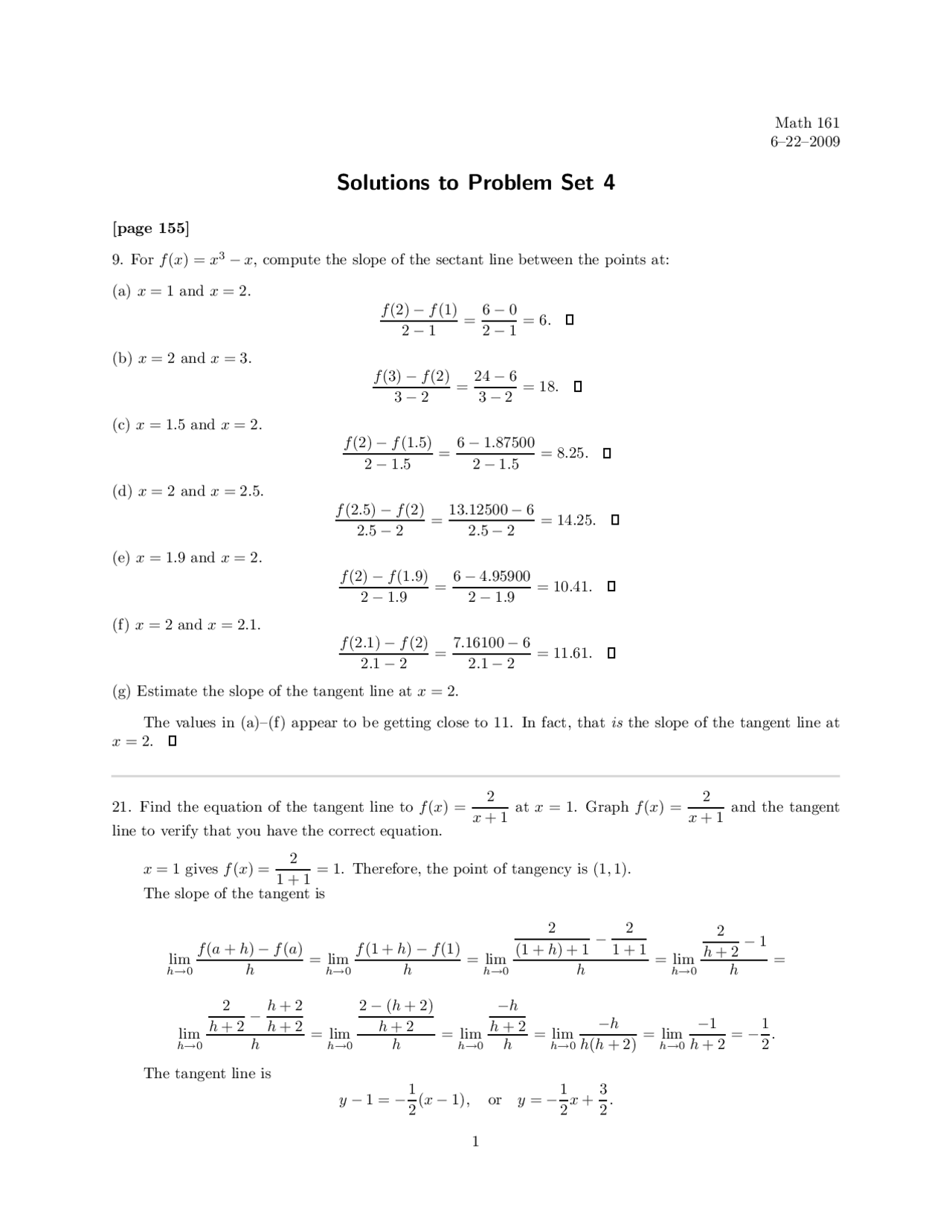 Solutions to Problem Set #4 - Calculus I | MATH 161 - Docsity