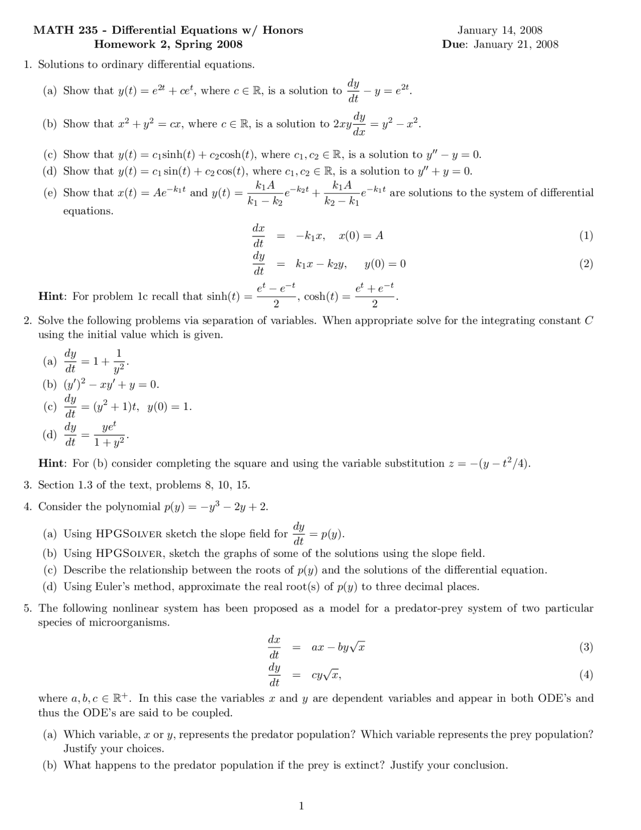 Problem Set 2 - Differential Equations Honors | MATH 235 - Docsity