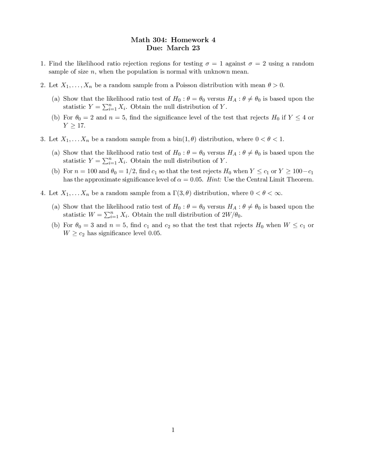 Mathematical Statistics - Homework 4 Questions | MATH 304 - Docsity