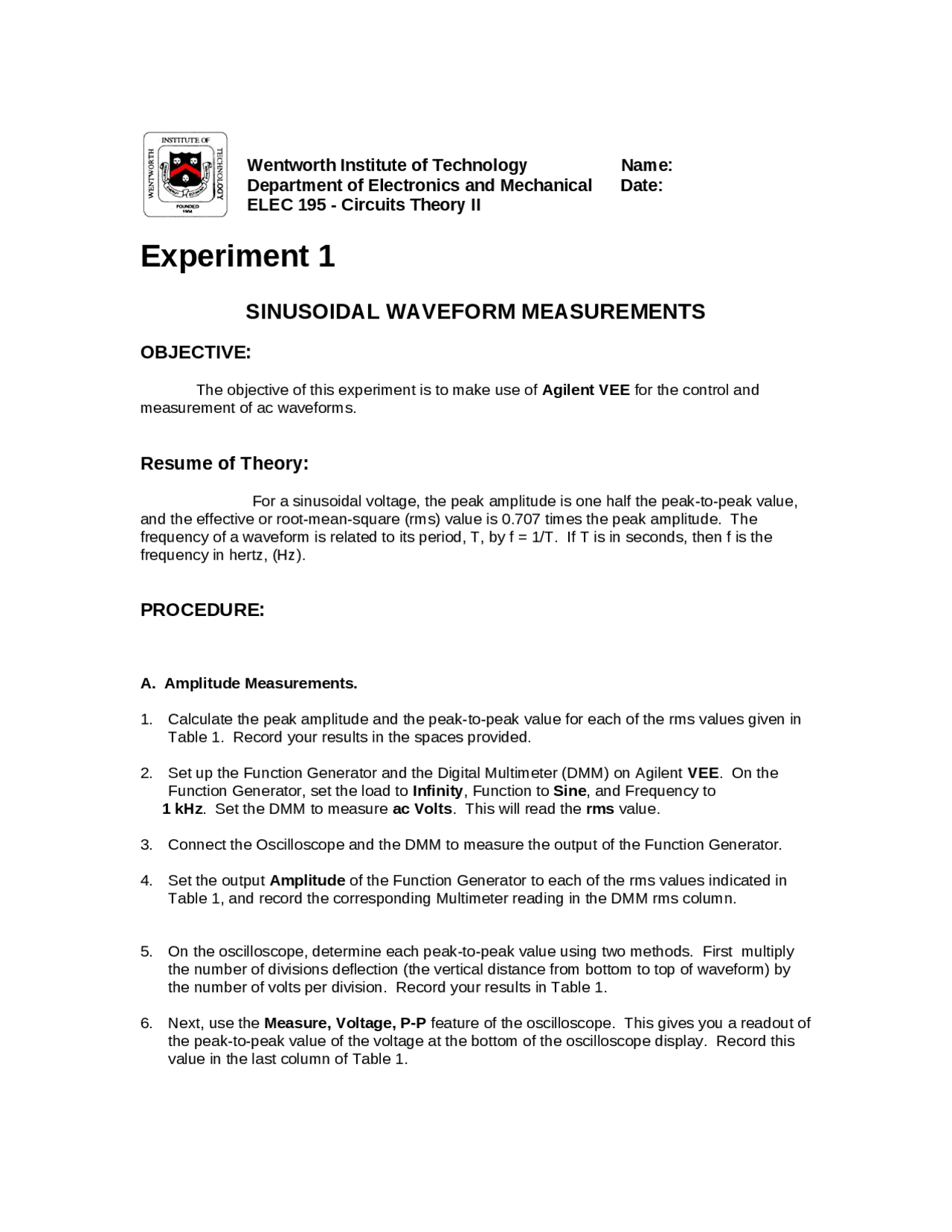 Laboratory Experiment 1 - Sinusoidal Waveform Measurement | ELEC 195 ...