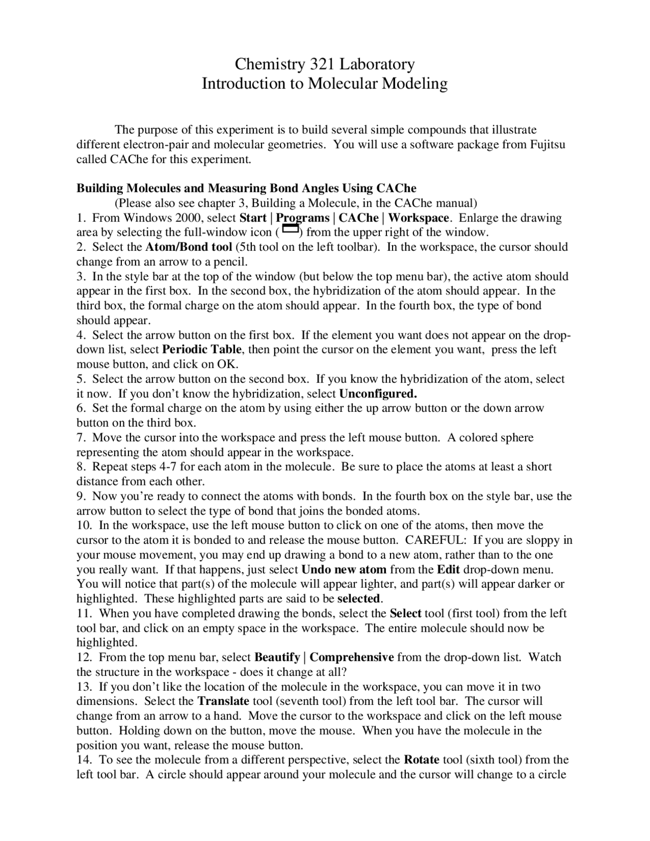 Introduction To Molecular Modeling Organic Chemistry Lab Chem 321