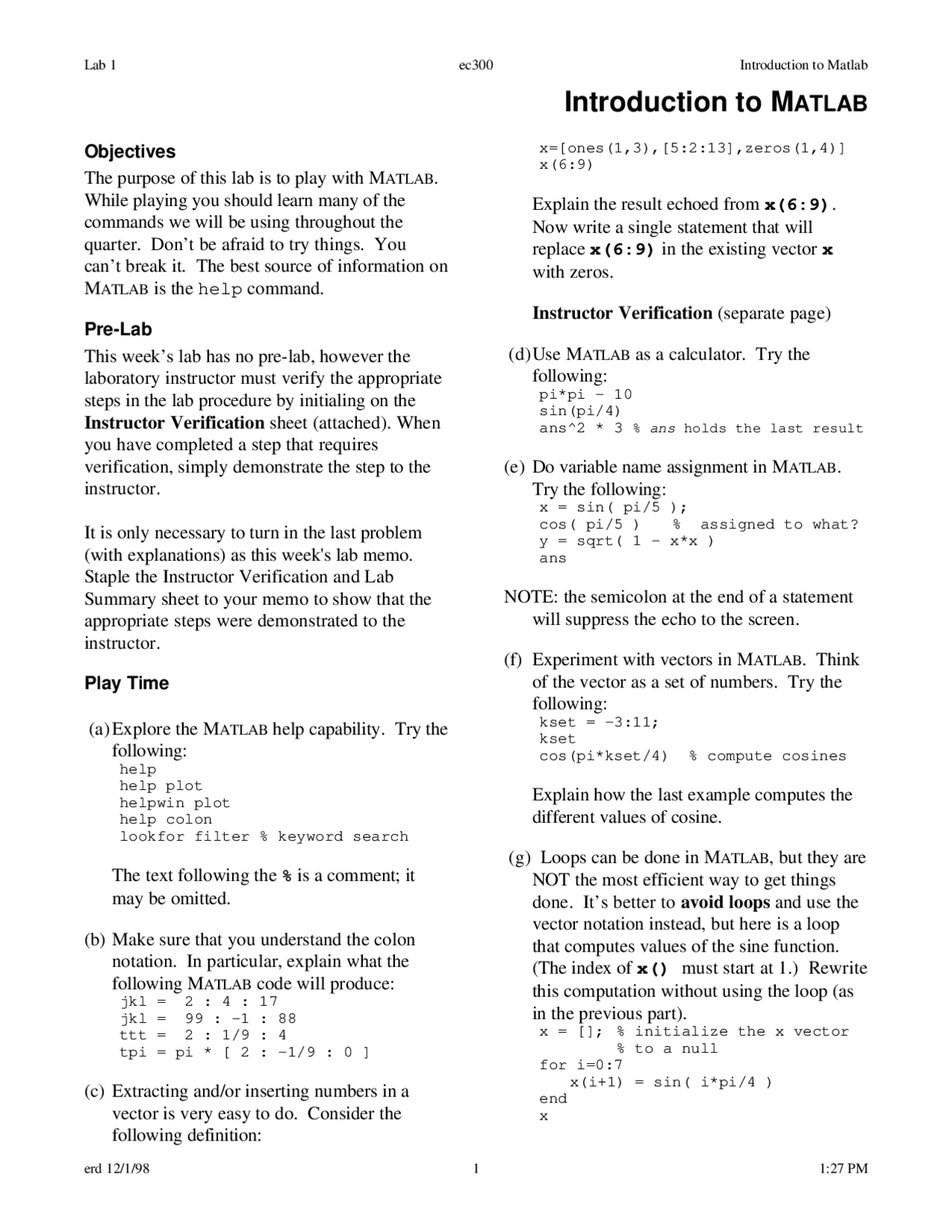 Introduction to MATLAB - Laboratory 1 Report | ECE 300 | Lab Reports ...