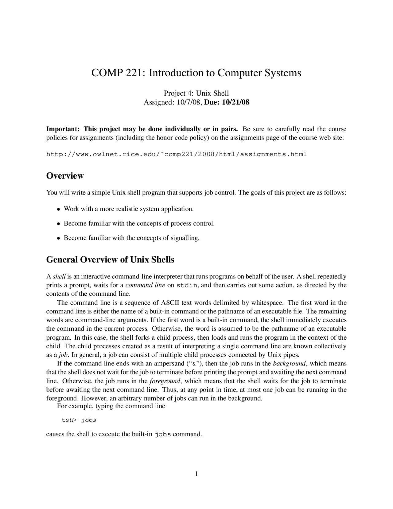 Project 4: Unix Shell - Introduction to Computer System | COMP 221 ...