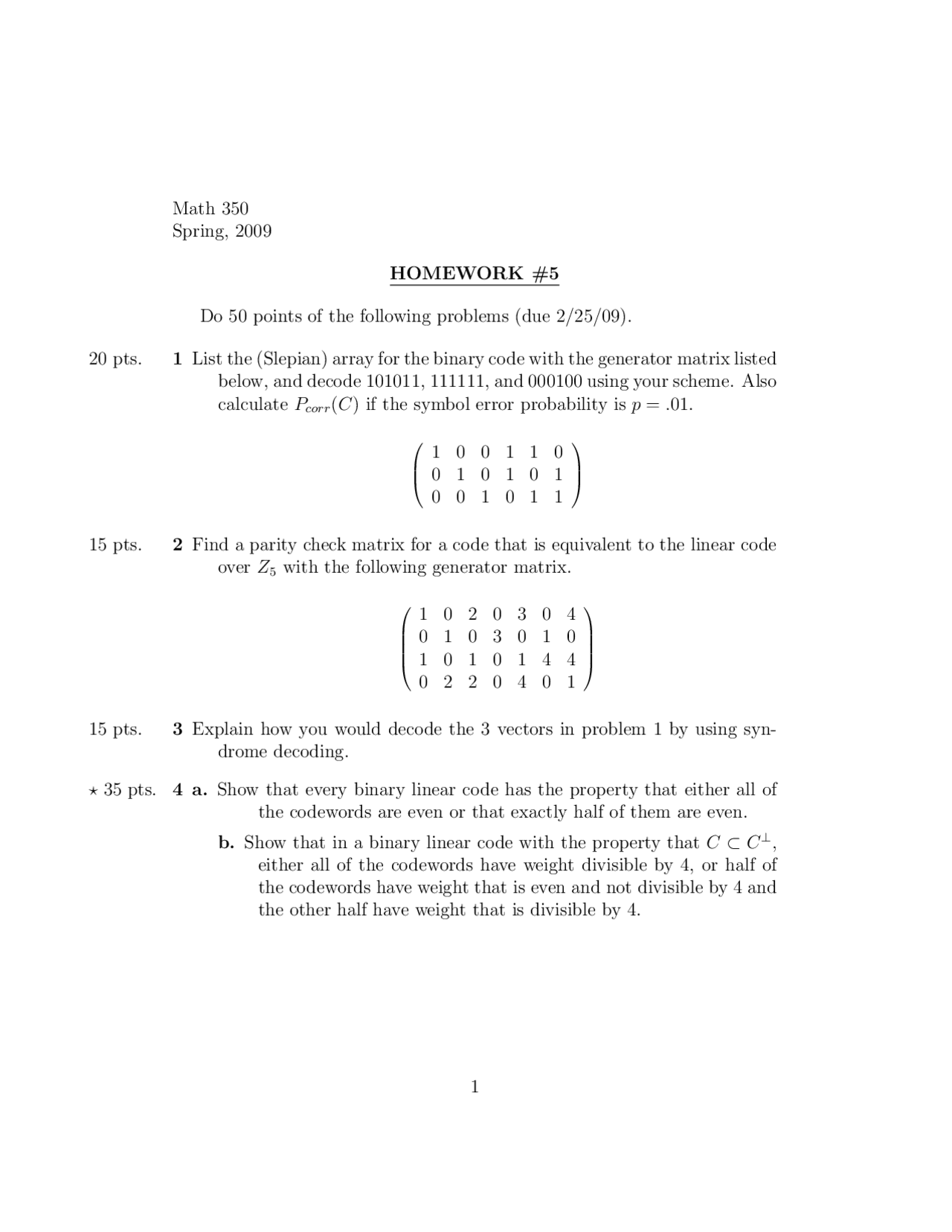 Homework 5 with 4 Practice Problems on Coding Theory | MATH 350 - Docsity