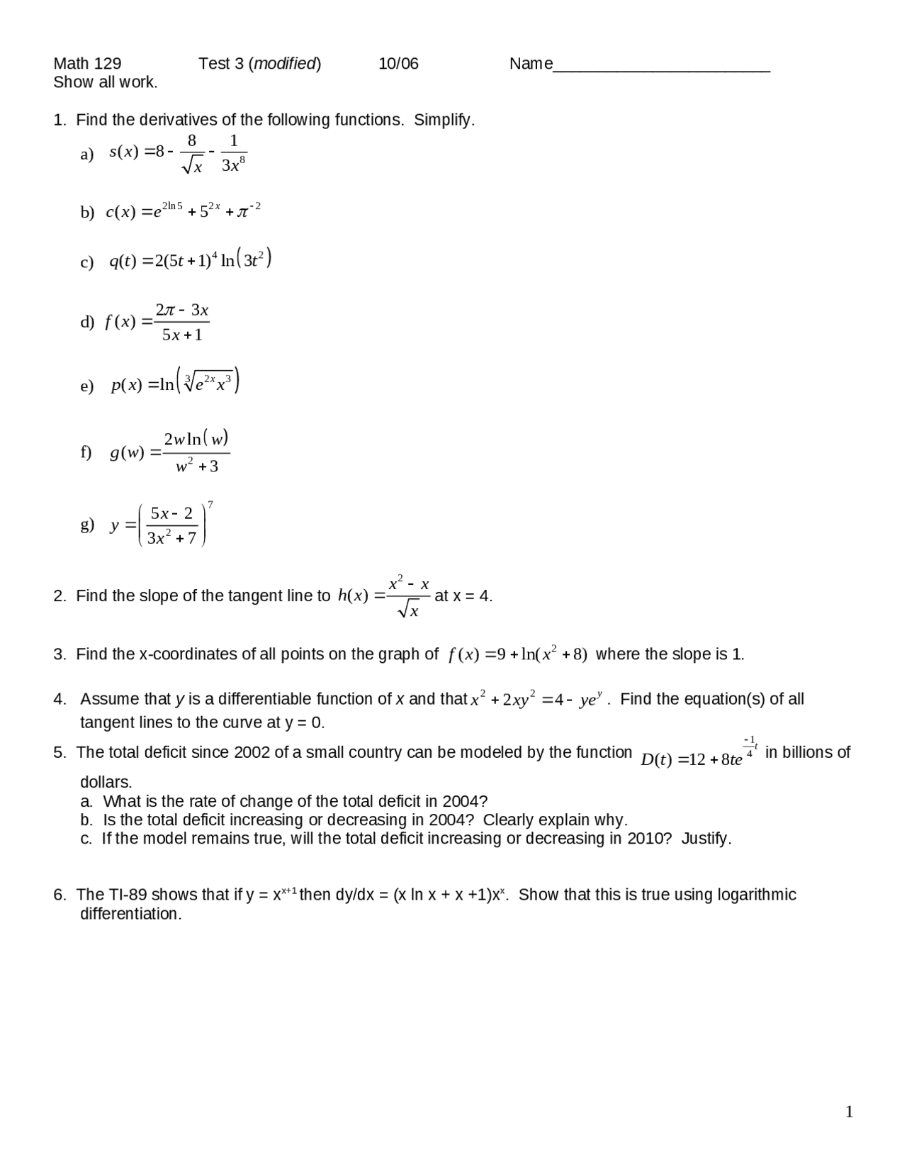 Practice Test 3 - Functions of Engineering Calculus I | MATH 129 - Docsity