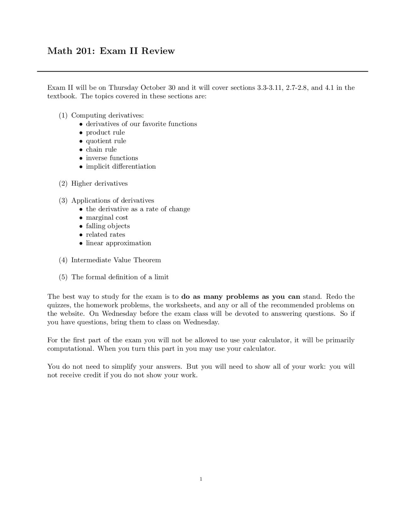 Exam 2 Review Sheet - Calculus I | MATH 201 - Docsity