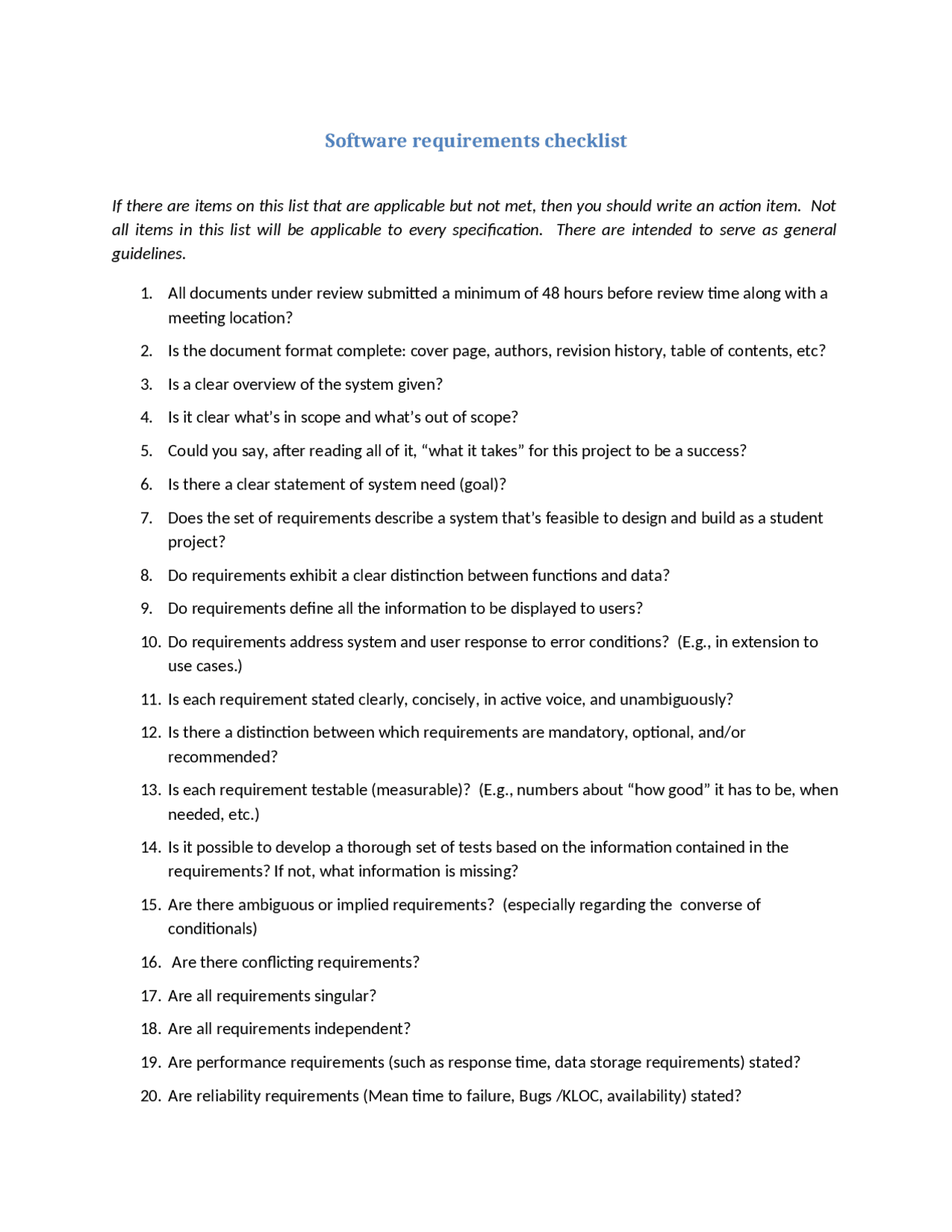 Software Requirements Checklist - Senior Project I | CSSE 497 - Docsity