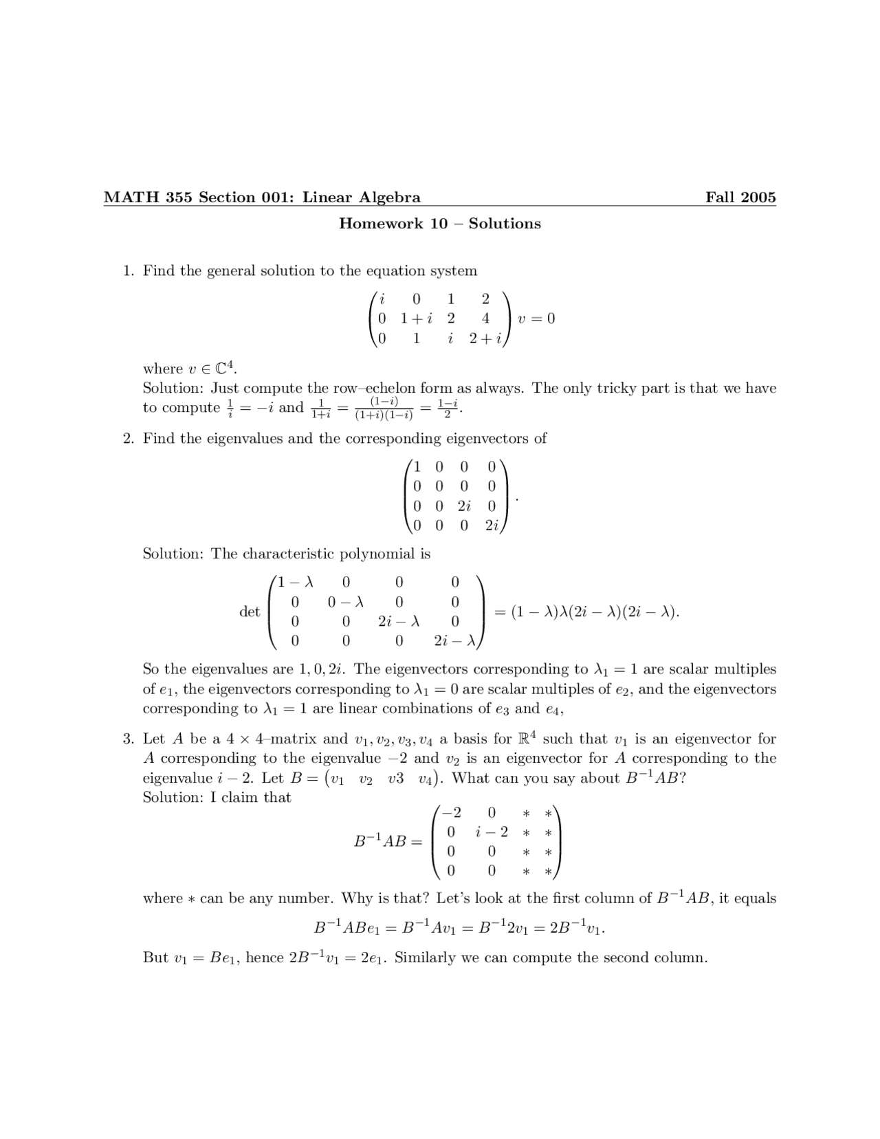 Linear Algebra - Homework 10 with Solutions | MATH 355 - Docsity