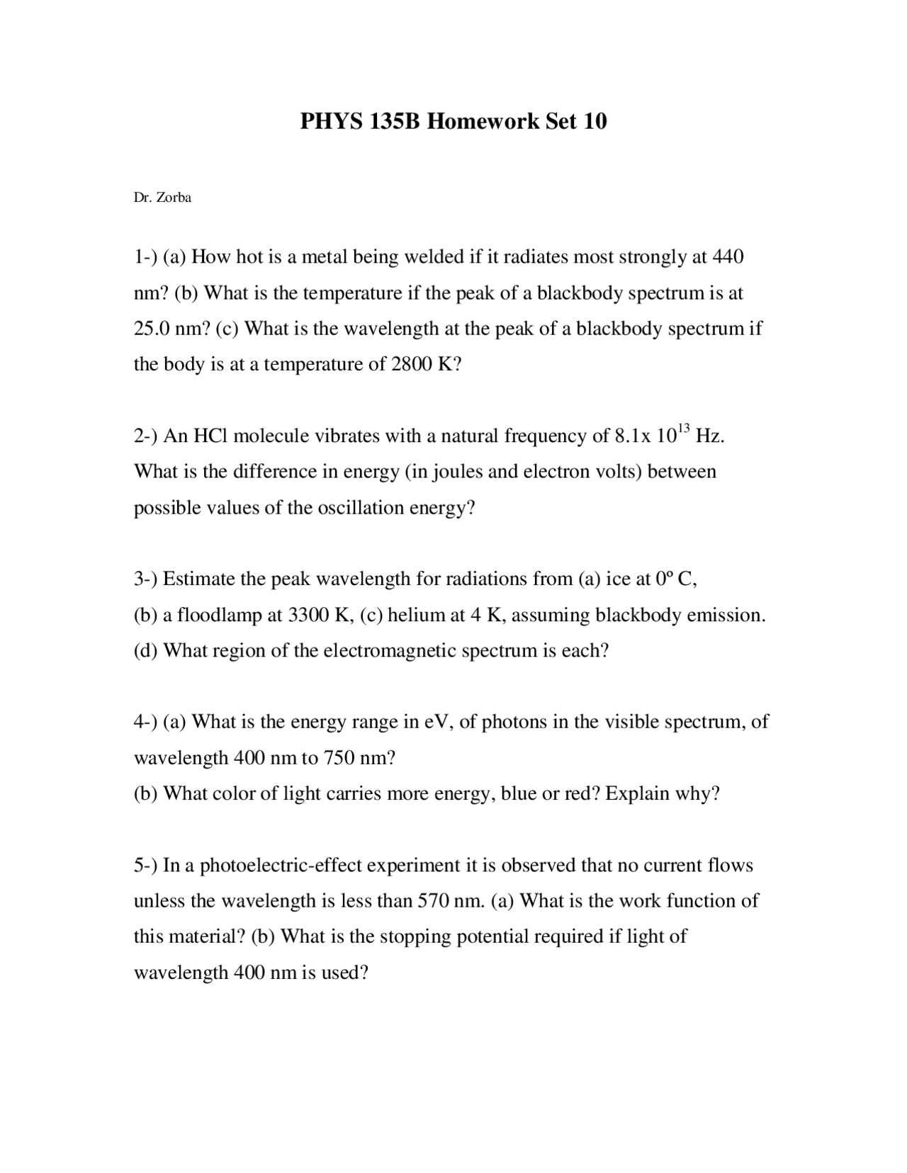 5 Questions of College Physics II Assignment PHYS 135B Docsity
