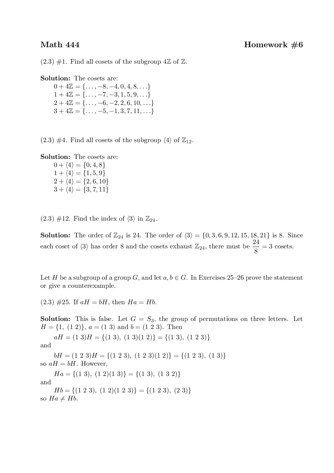 Homework 6 Solutions - Introduction Abstract Algebra I | MATH 444 ...