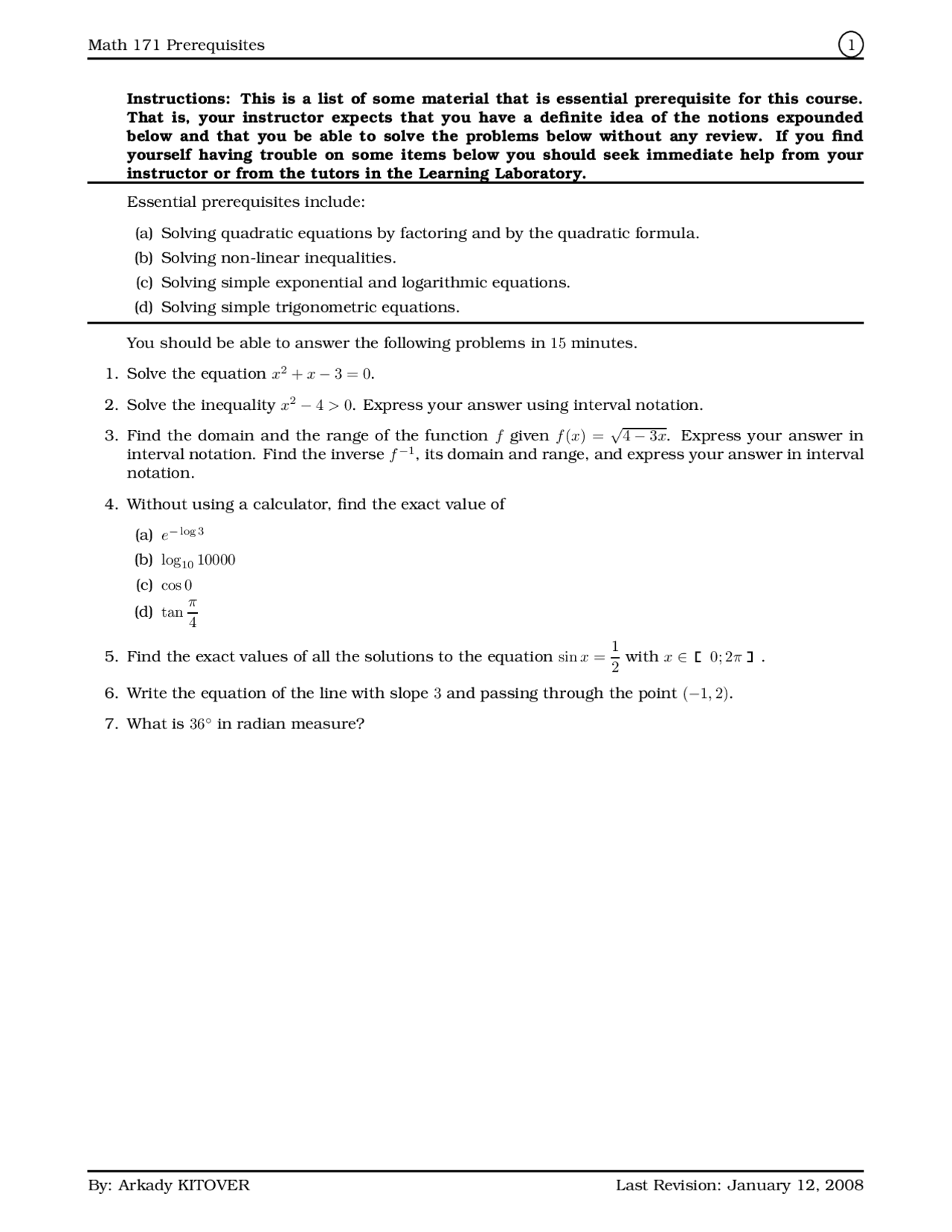 Math Prerequisites Question Examples Prerequisites - Calculus I - Learning Laboratory | MATH 171 - Docsity