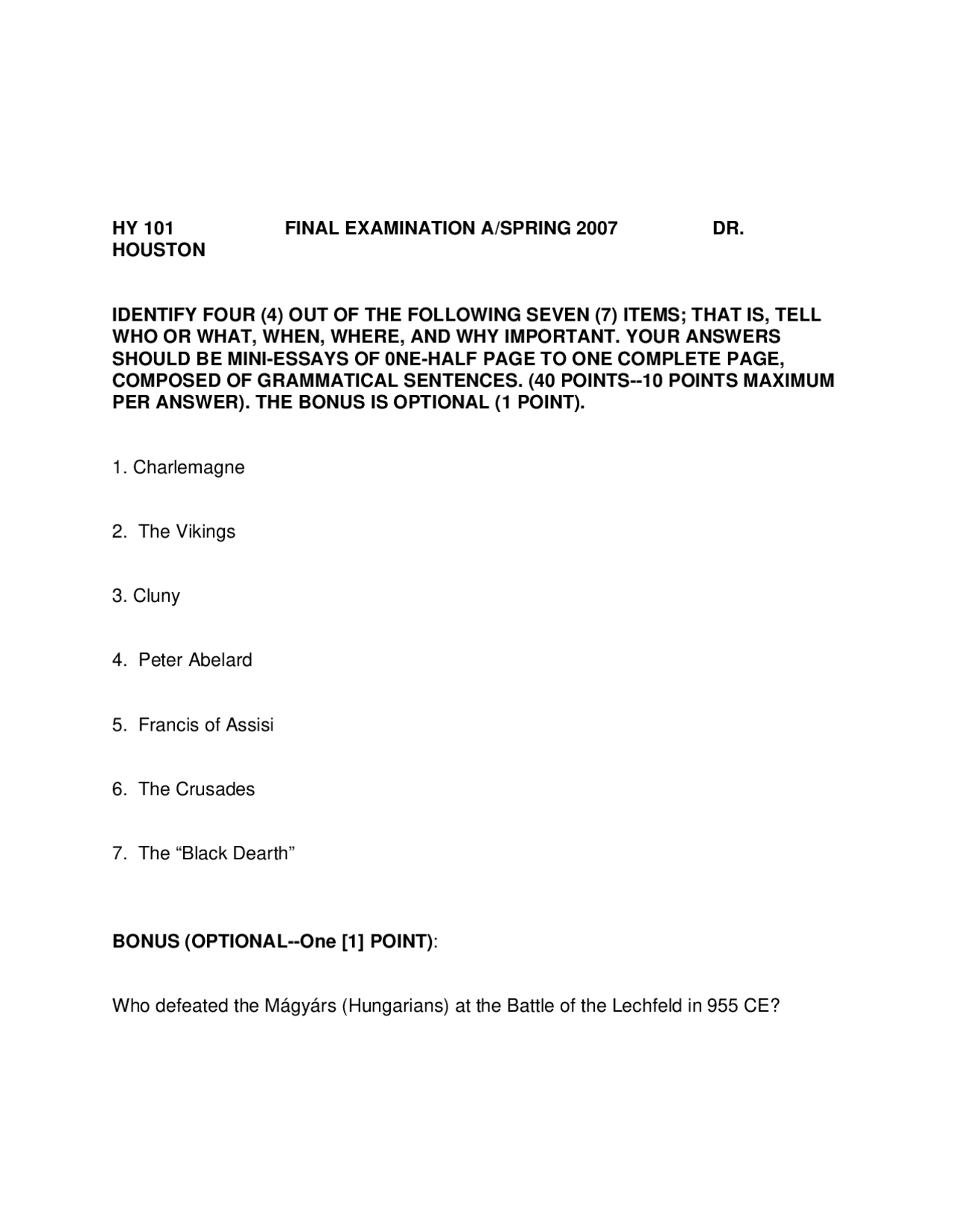 Final Examination A Problems - History of Western Civilization I | HY ...