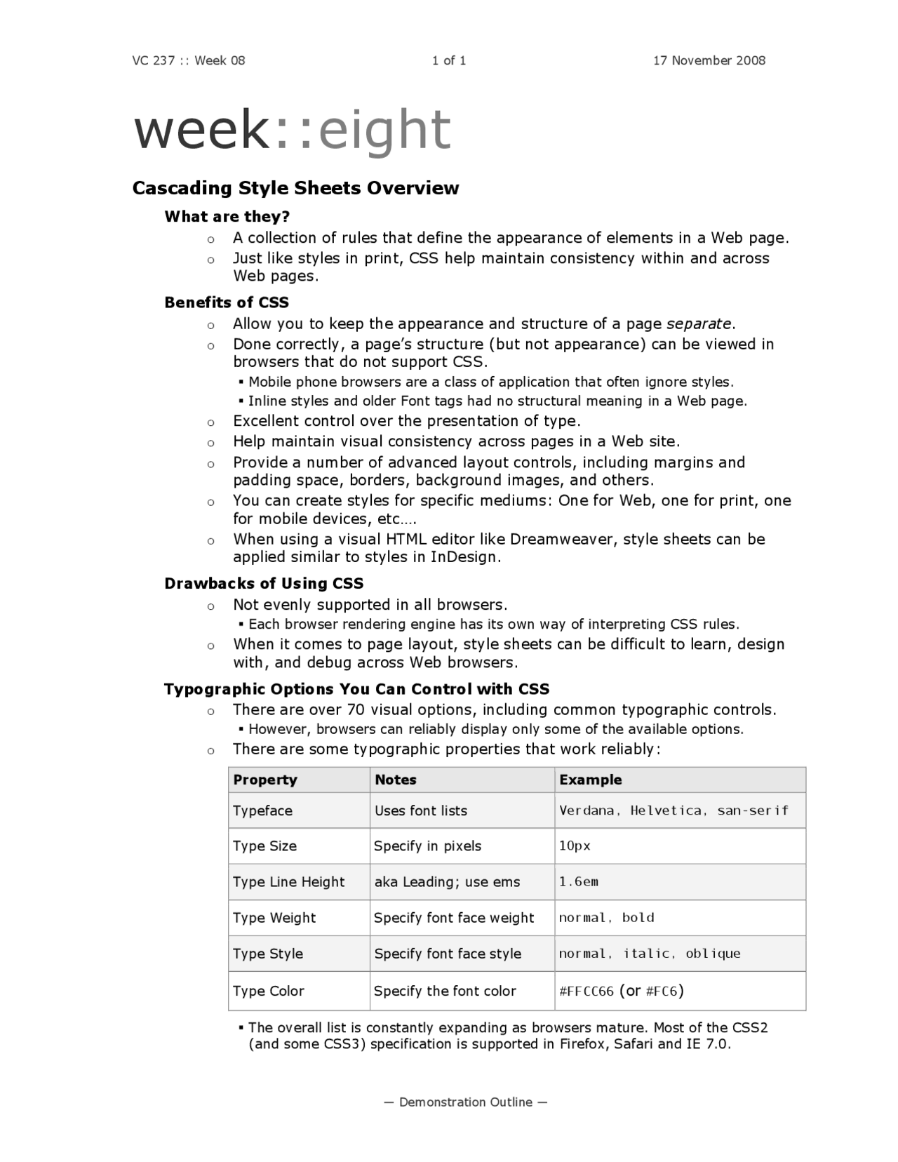 Cascading Style Sheets Overview - Lecture Notes | VC 237 - Docsity