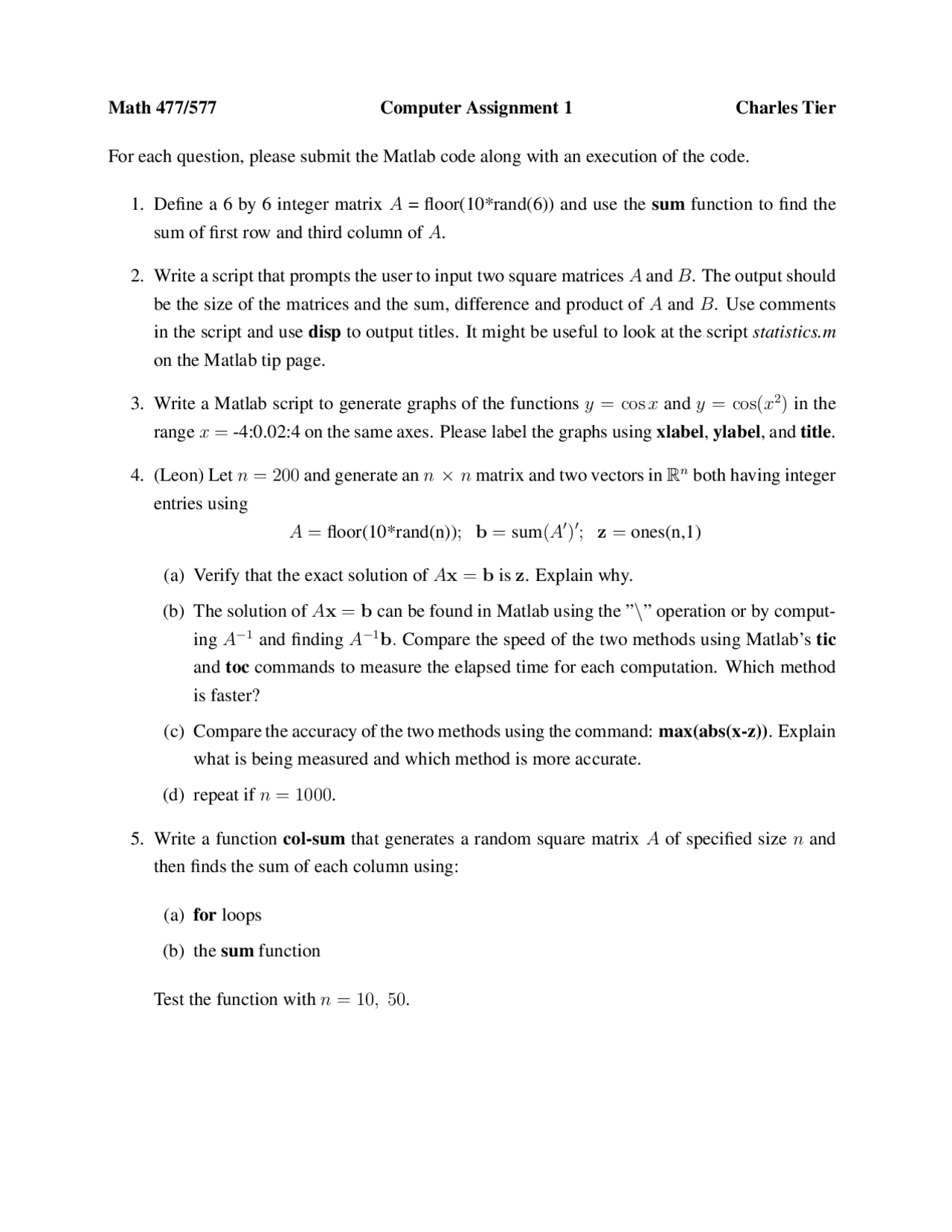 Fake Algebra Assignment Computer Computer Assignment 1 for Numerical Linear Algebra | MATH 477 - Docsity