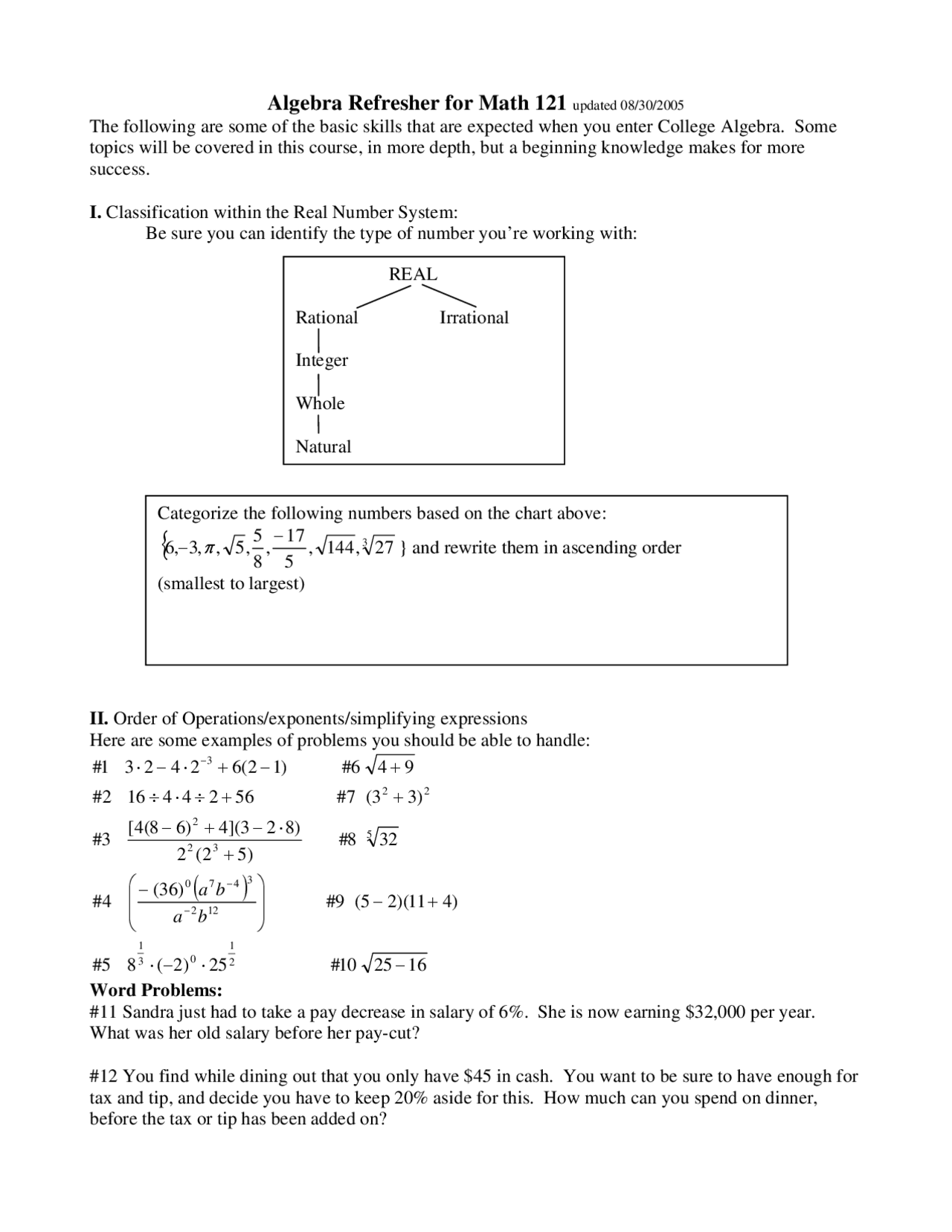 Algebra Math Refresher Pdf Notes on Algebra Refresher for Math - College Algebra | MATH 121 - Docsity