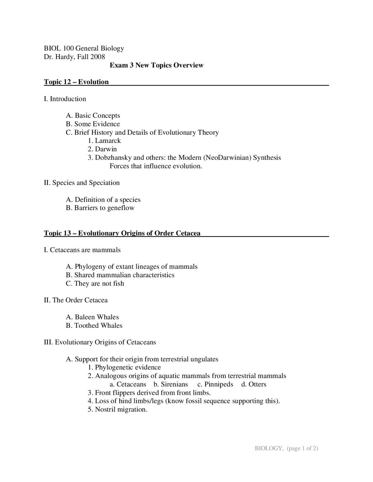 Exam # 3 - Evolution - General Biology | BIOL 100 - Docsity