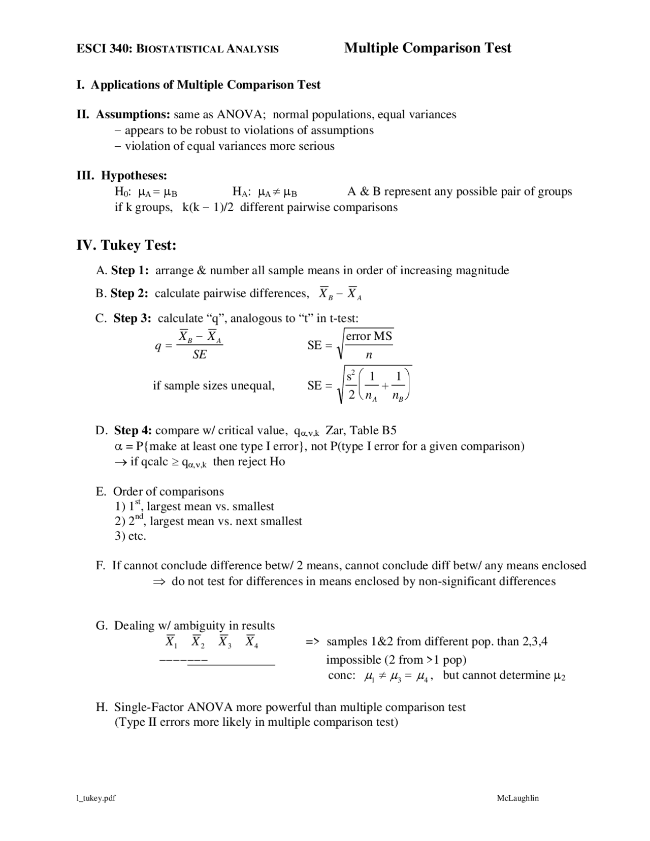 Multiple Comparison Test - Biostatistical Analysis | ESCI 340 - Docsity