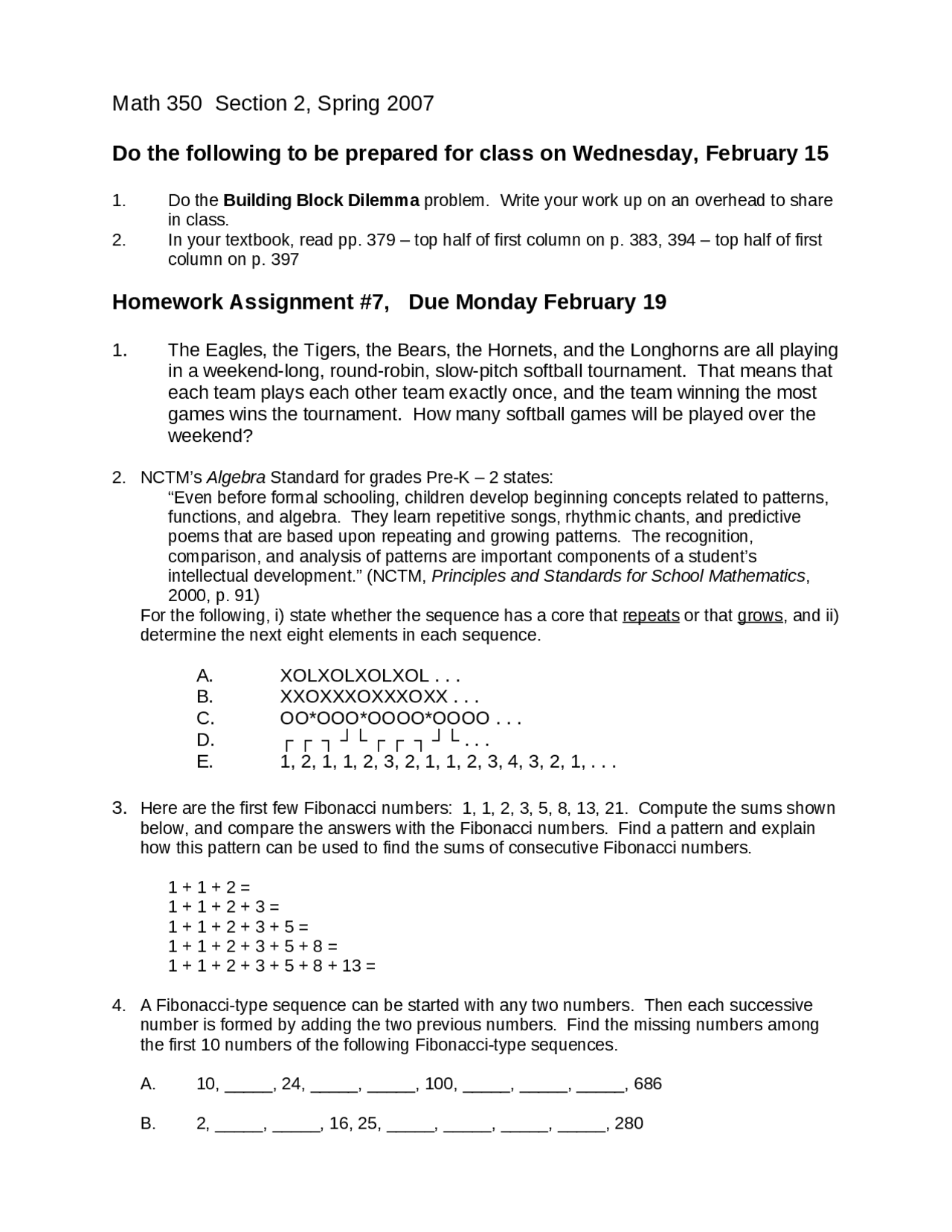 Math 350 Sec 2, Spring 2007: Prep for Class - Softball, Sequences ...