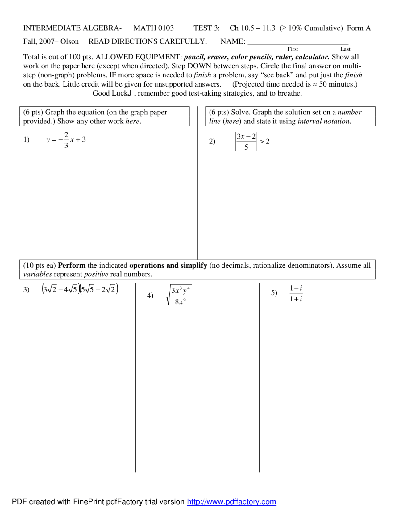 Unsolved Exam 3 - Intermediate Algebra | MATH 0103 - Docsity