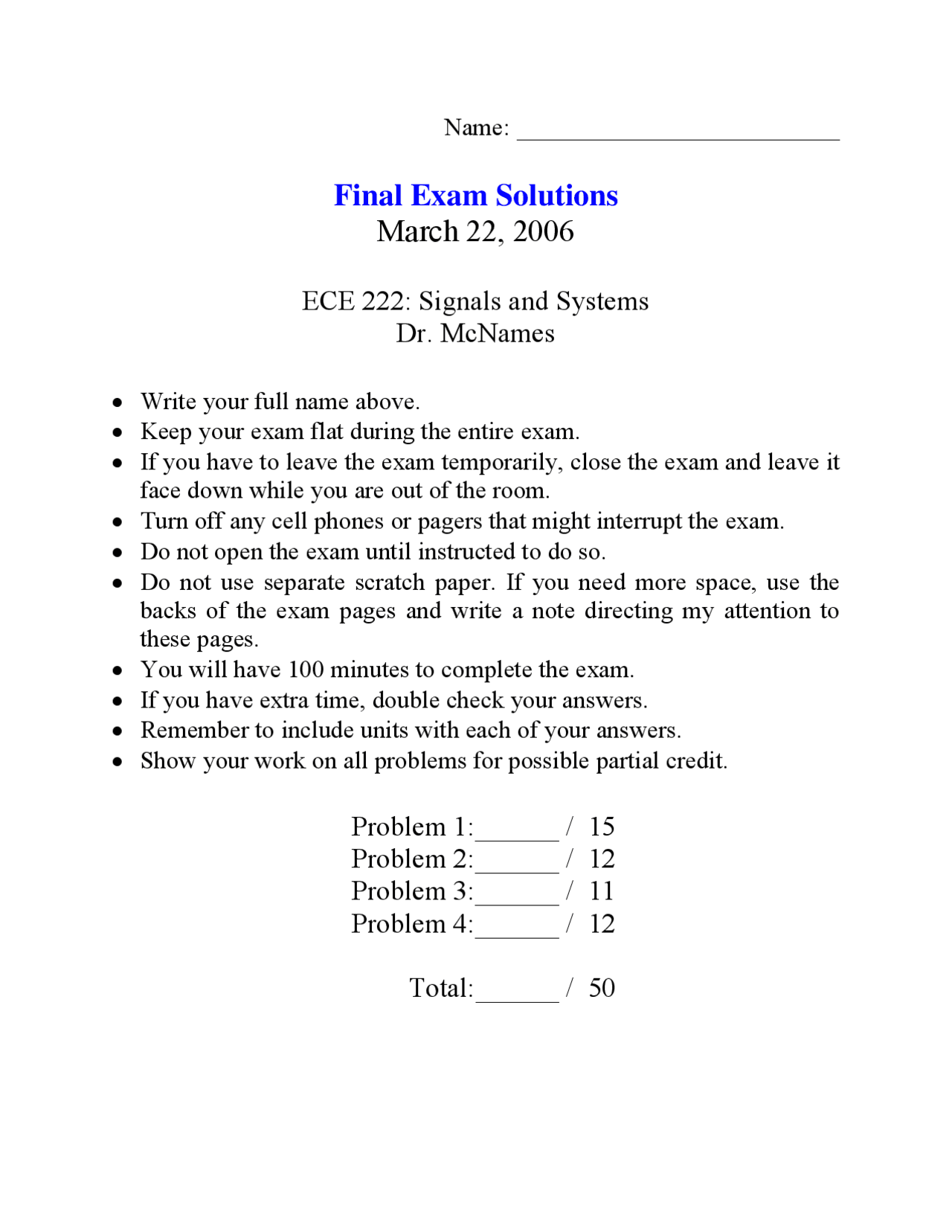 Final Exam Solutions - Spring 2006 - Signals and Systems | ECE 222 ...