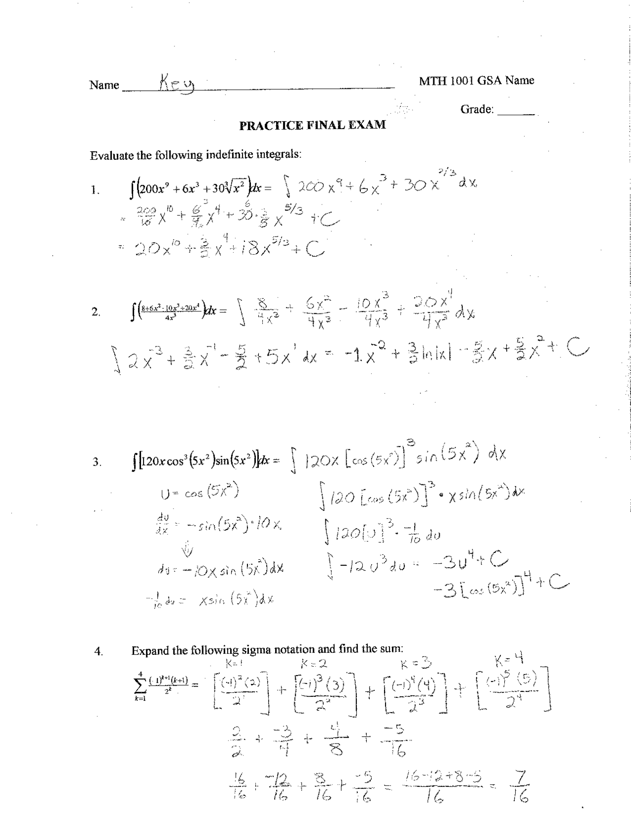 Practice Final Exam with Answer Key - Calculus 1 | MTH 1001 | Exams Calculus | Docsity