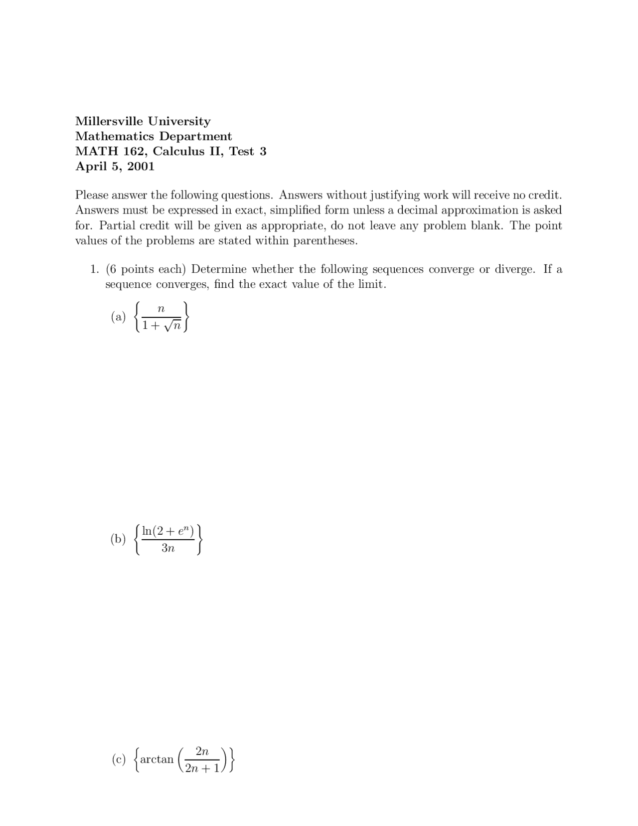 5 Practice Problems for Calculus II - Past Test 3 | MATH 211 - Docsity