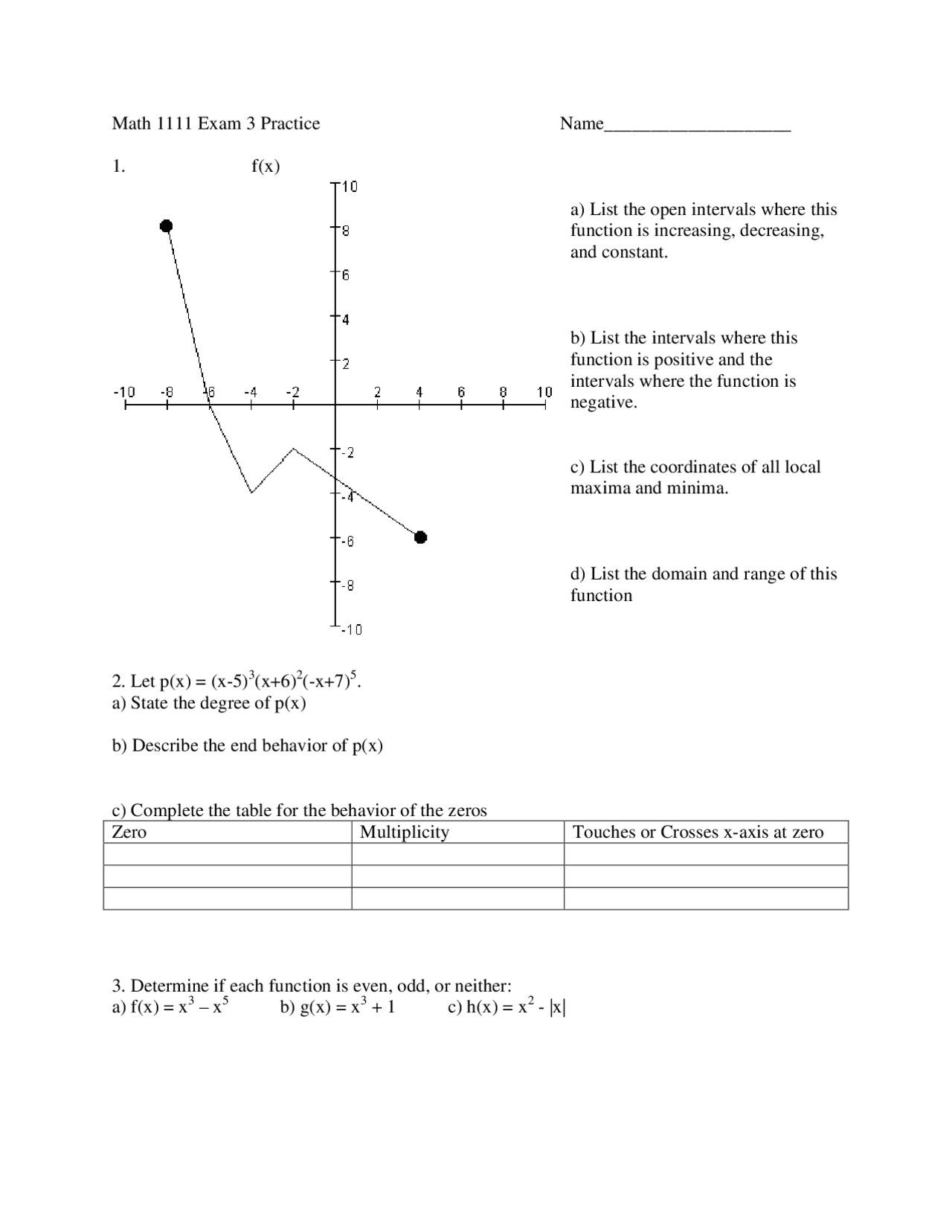 College Math 1111 Exam 3 Practice - College Algebra | MATH 1111 - Docsity