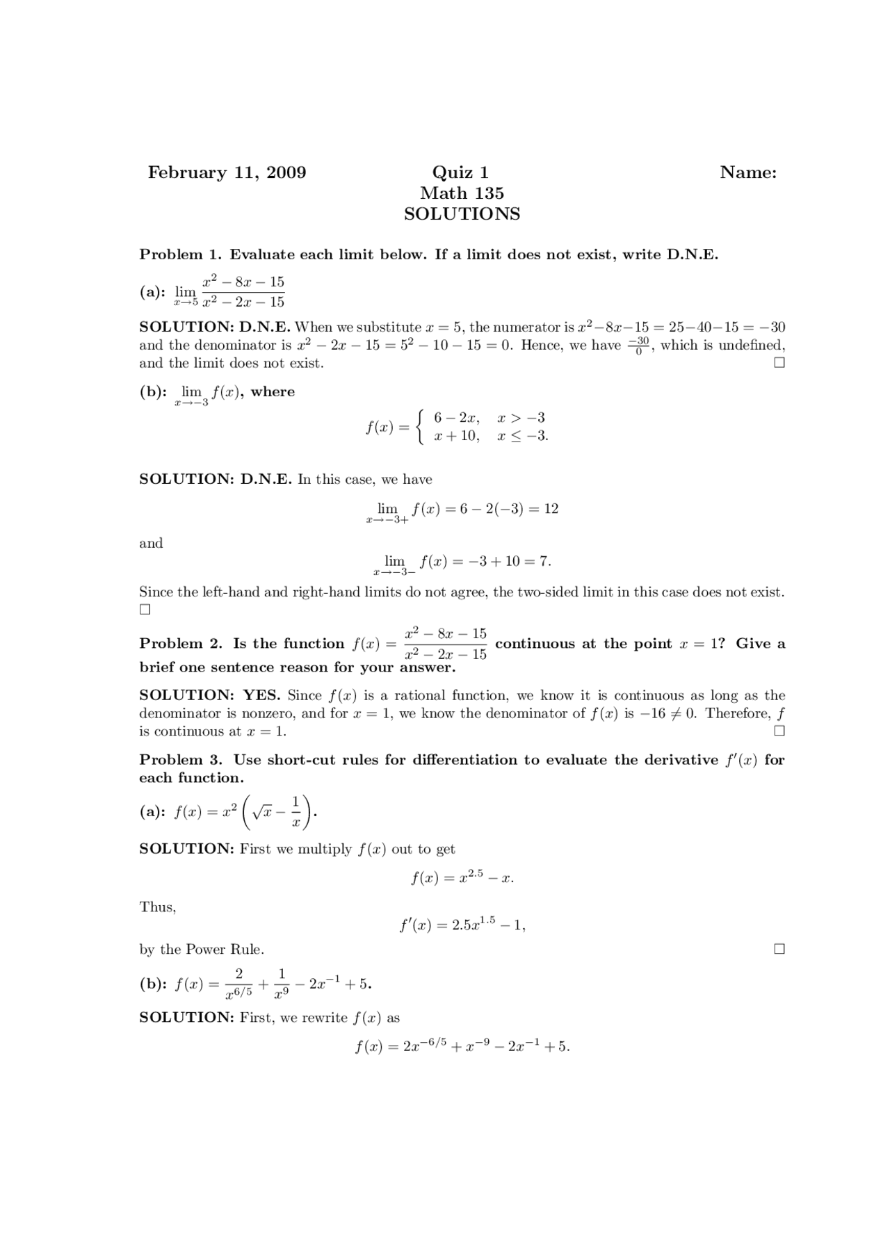 Solutions of Quiz 1 of Mathematics | MATH 135 - Docsity