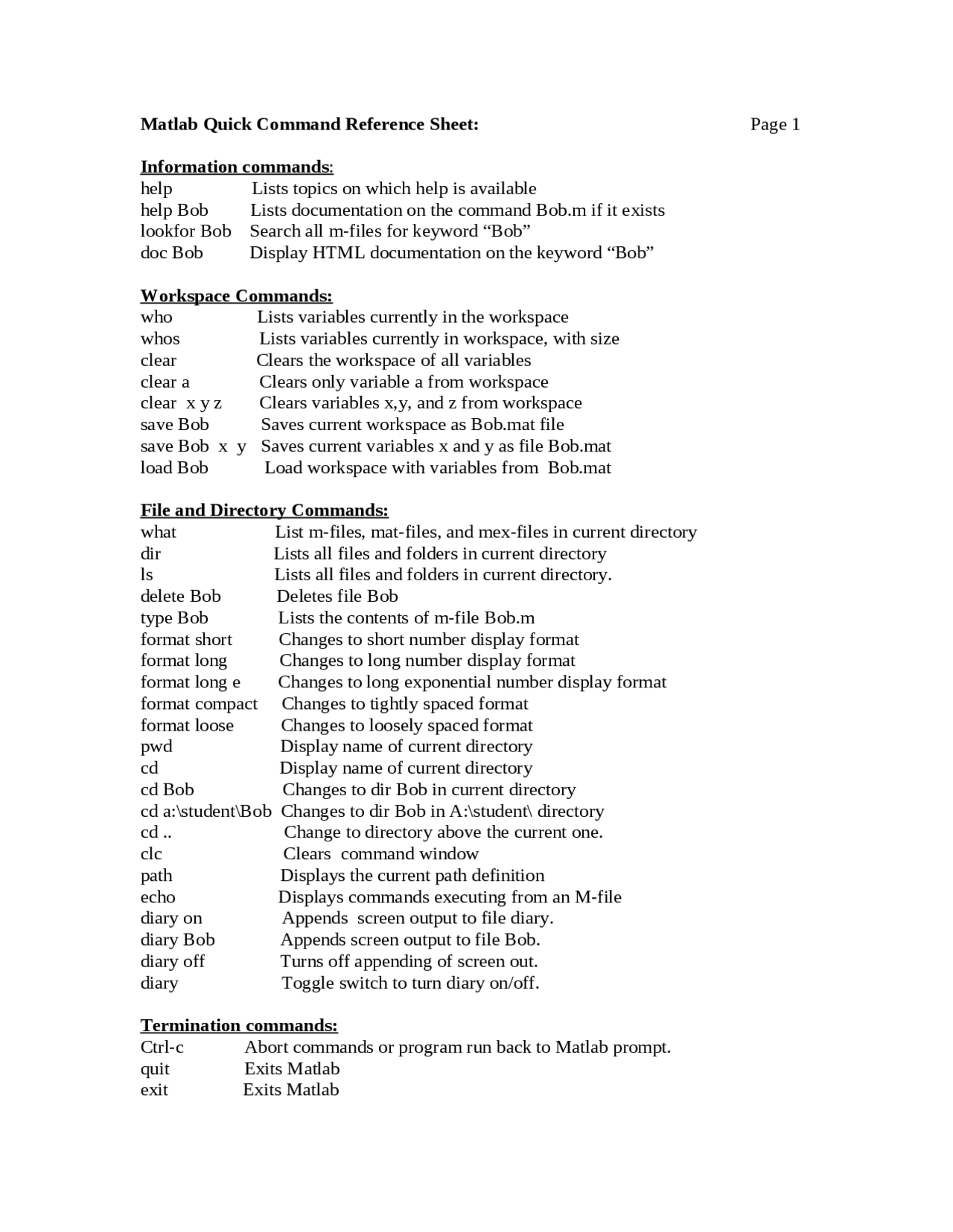 MATLAB Quick Command Reference Sheet: Analysis and Design | ES 205 ...