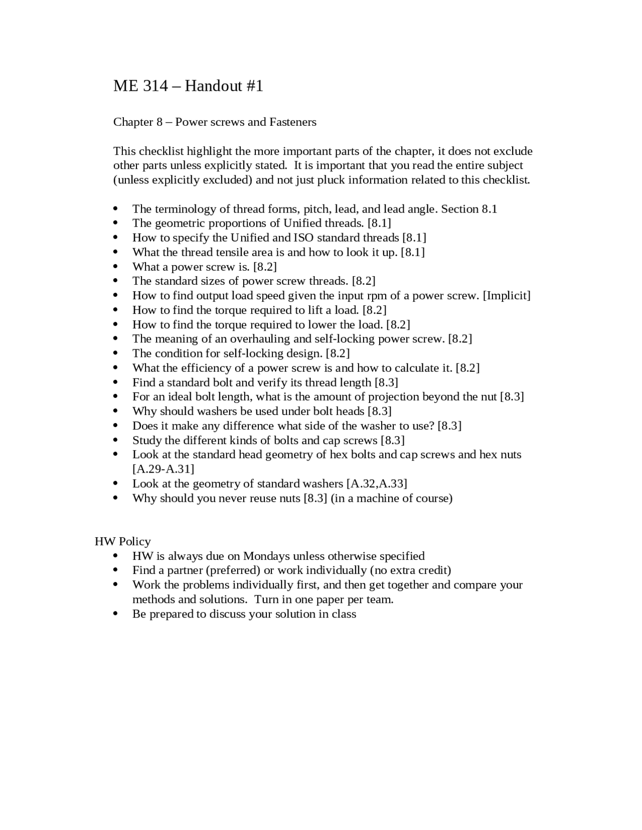 Power Screws and Fasteners - Lecture Notes | ME 314 - Docsity