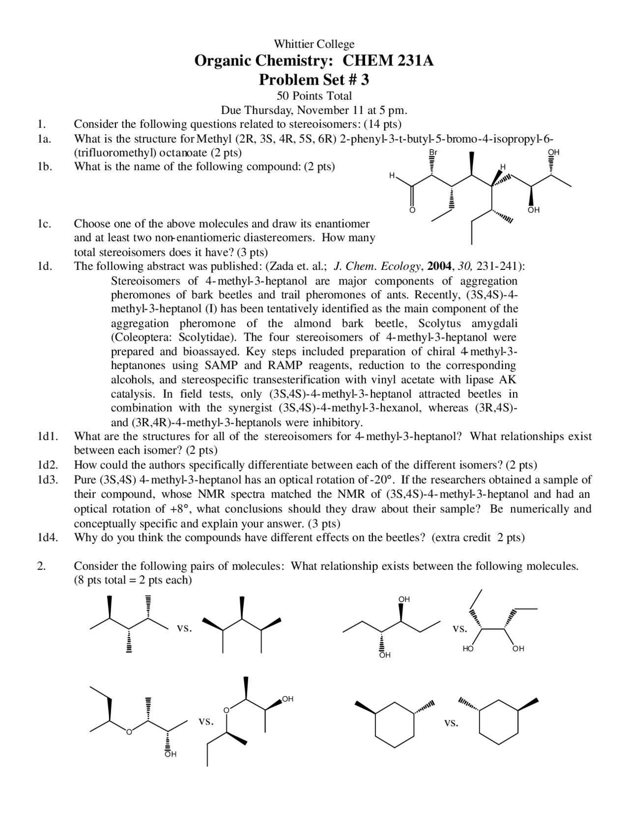 Organic Chemistry I - Problem Set 3 | CHEM 231A - Docsity
