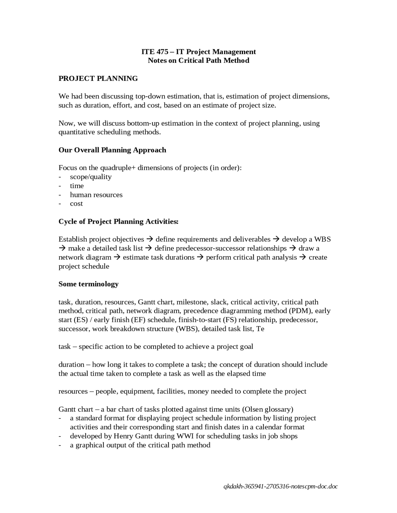 Notes on Project Planning - IT Project Management | ITE 475 - Docsity