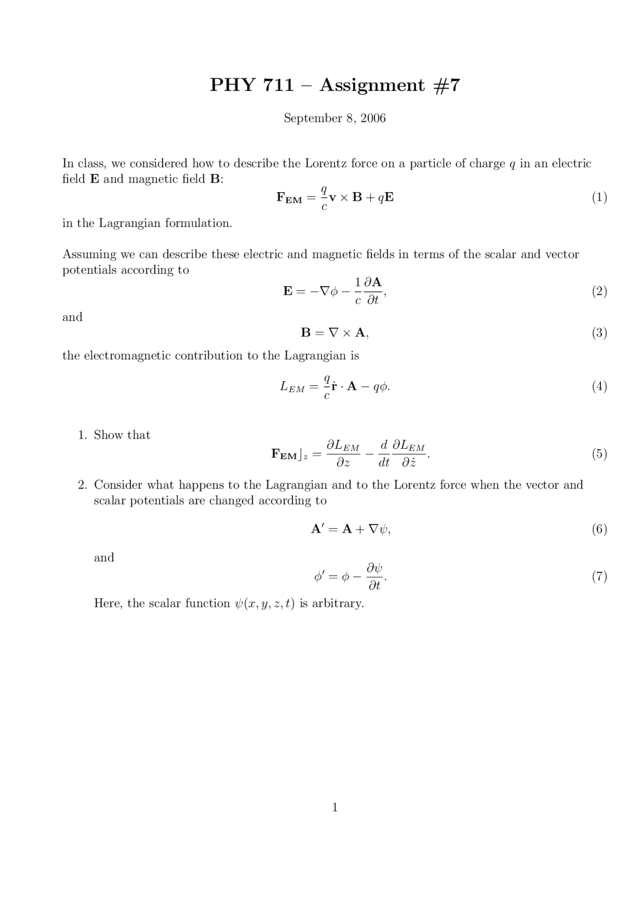 Classical Mechanics and Mathematics - Assignment 7 | PHY 711 - Docsity