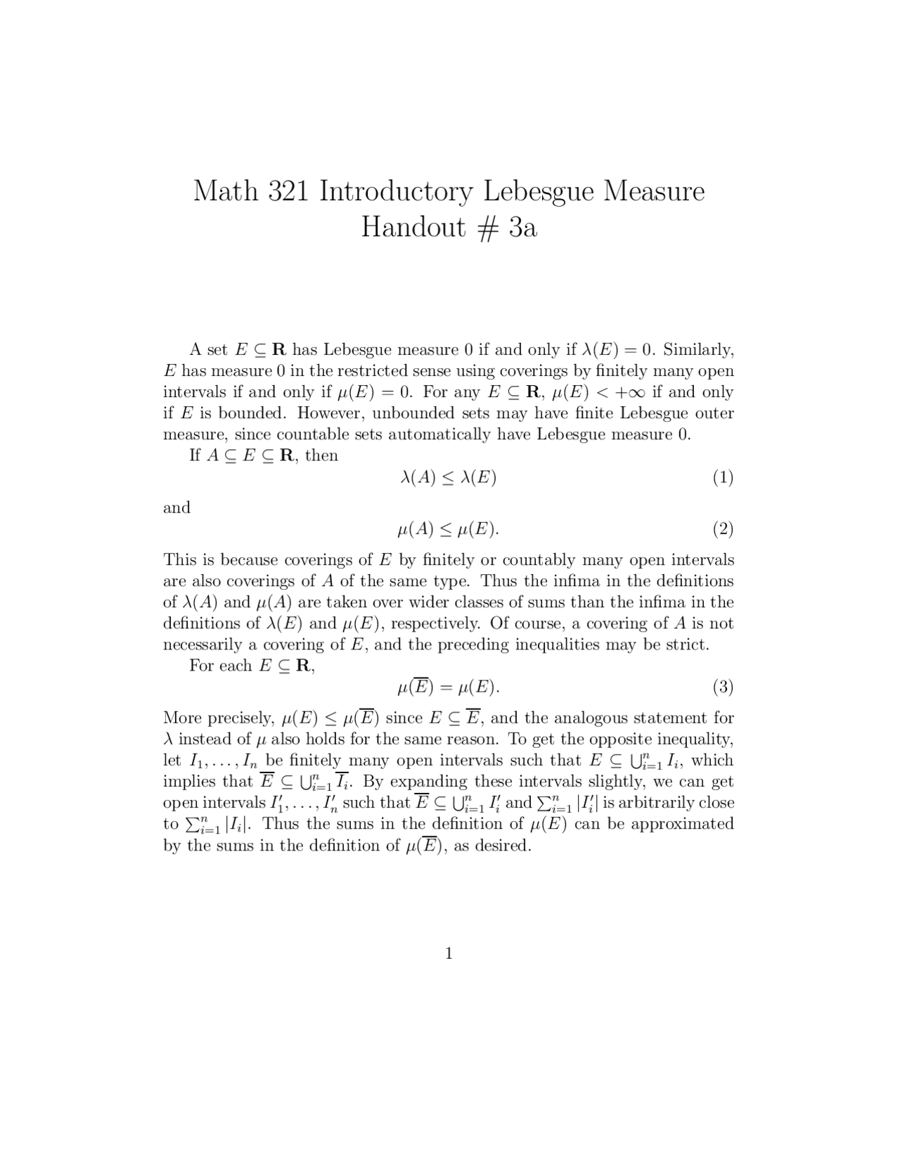 Handout 3A - Introductory Lebesgue Measure | MATH 321 - Docsity