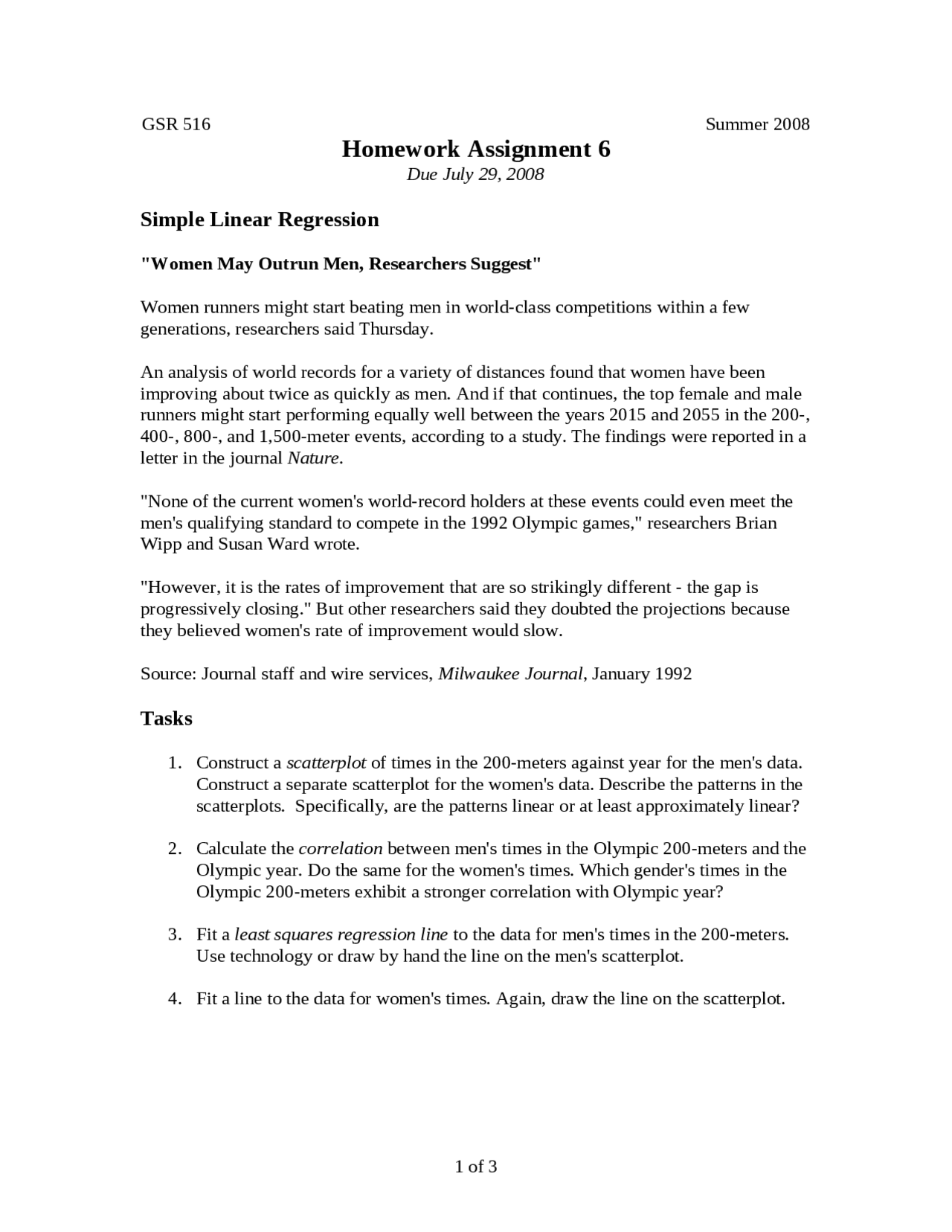 An Introduction to Simple Linear Regression - Assignment 6 | MATH 217 ...