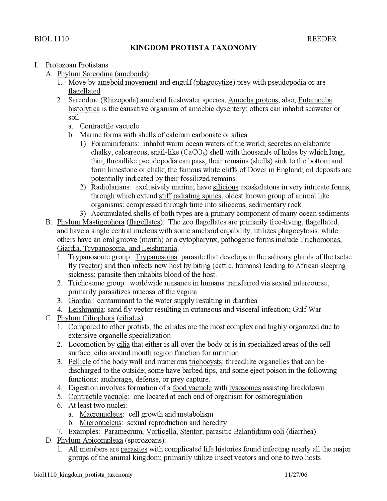 Taxonomy Study Guide Kingdom Protista Taxonomy - Study Guide | BIOL 1110 - Docsity